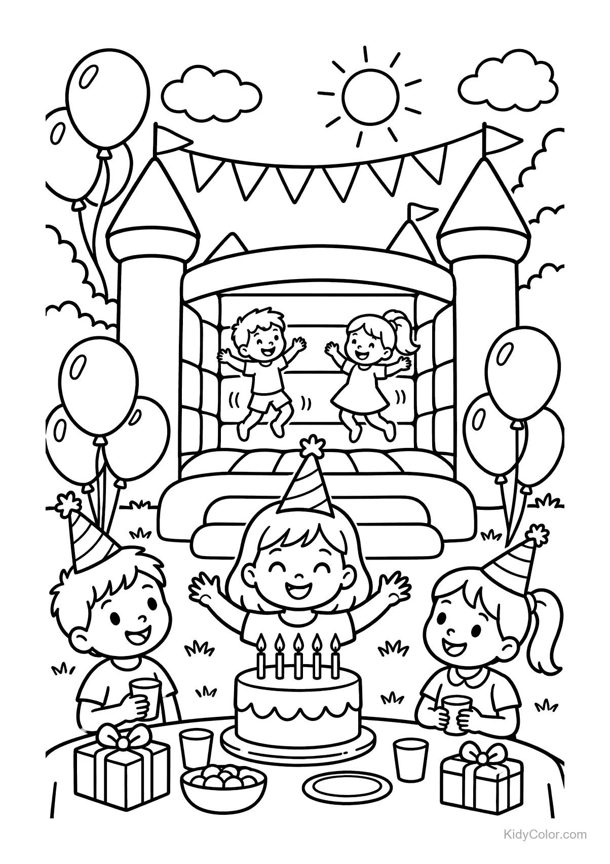 Children enjoy a birthday party with a bouncy castle, balloons, and cake.