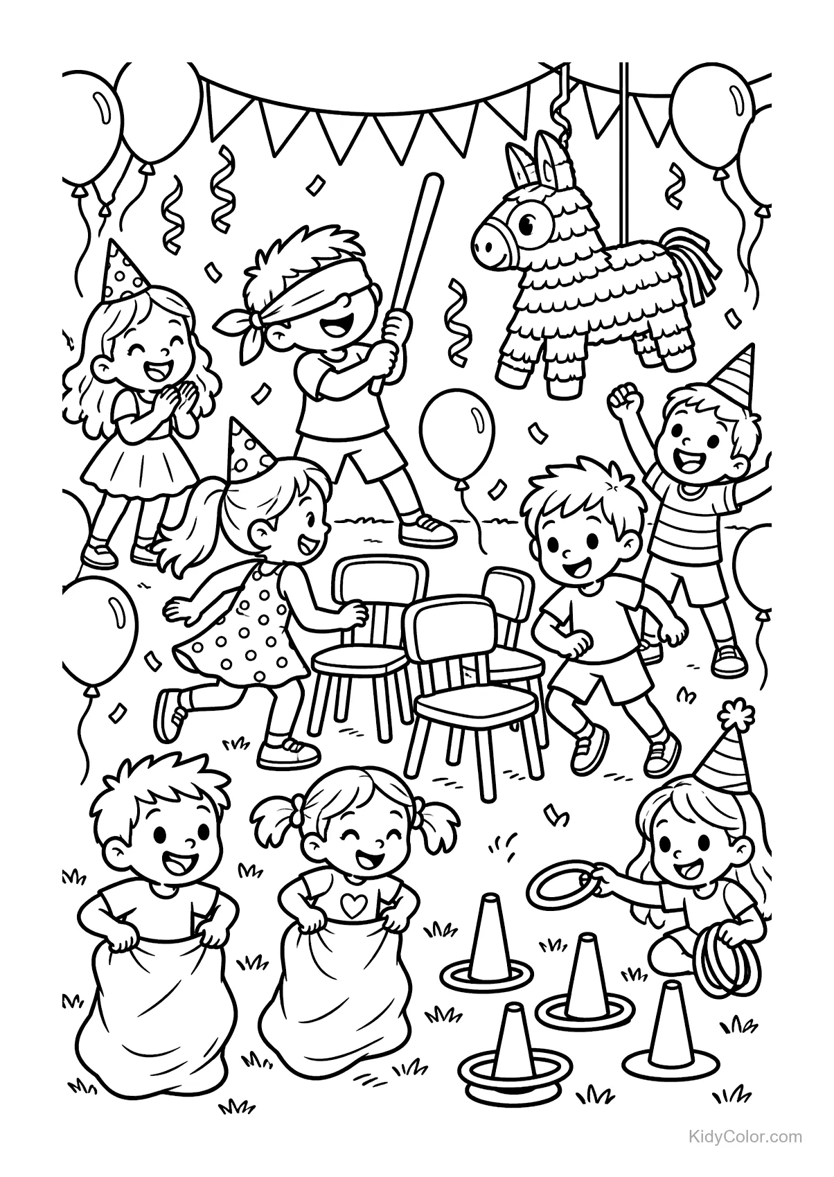 Kinder spielen auf einer Geburtstagsfeier mit Piñata und Luftballons.