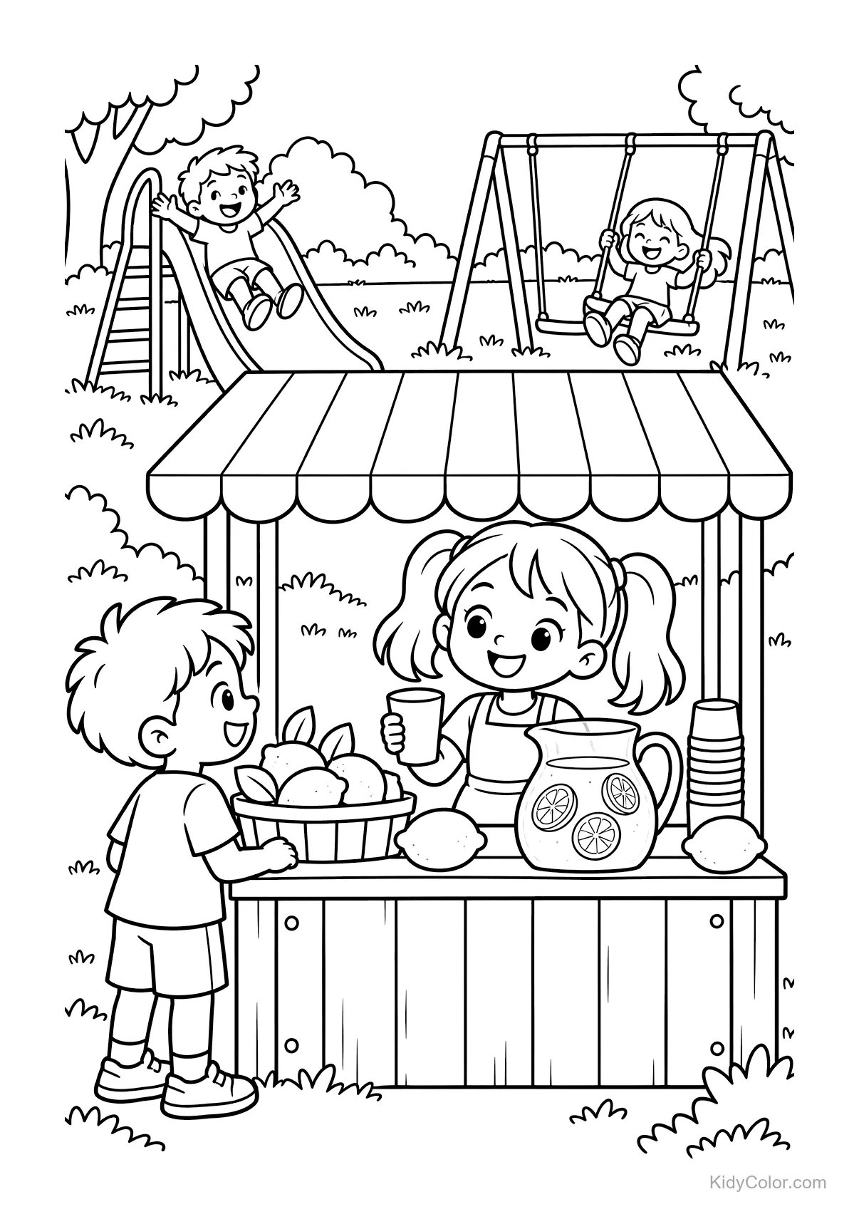 Bambini al chiosco di limonata con altalene e scivolo.