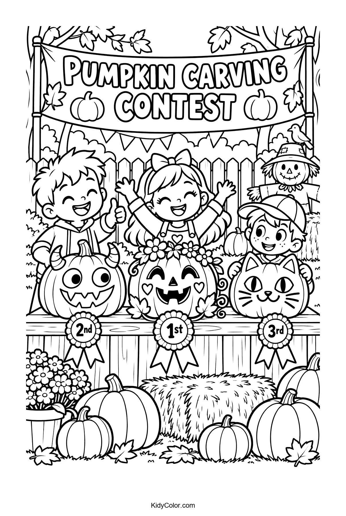 Kids displaying carved pumpkins at a contest with Halloween decorations.