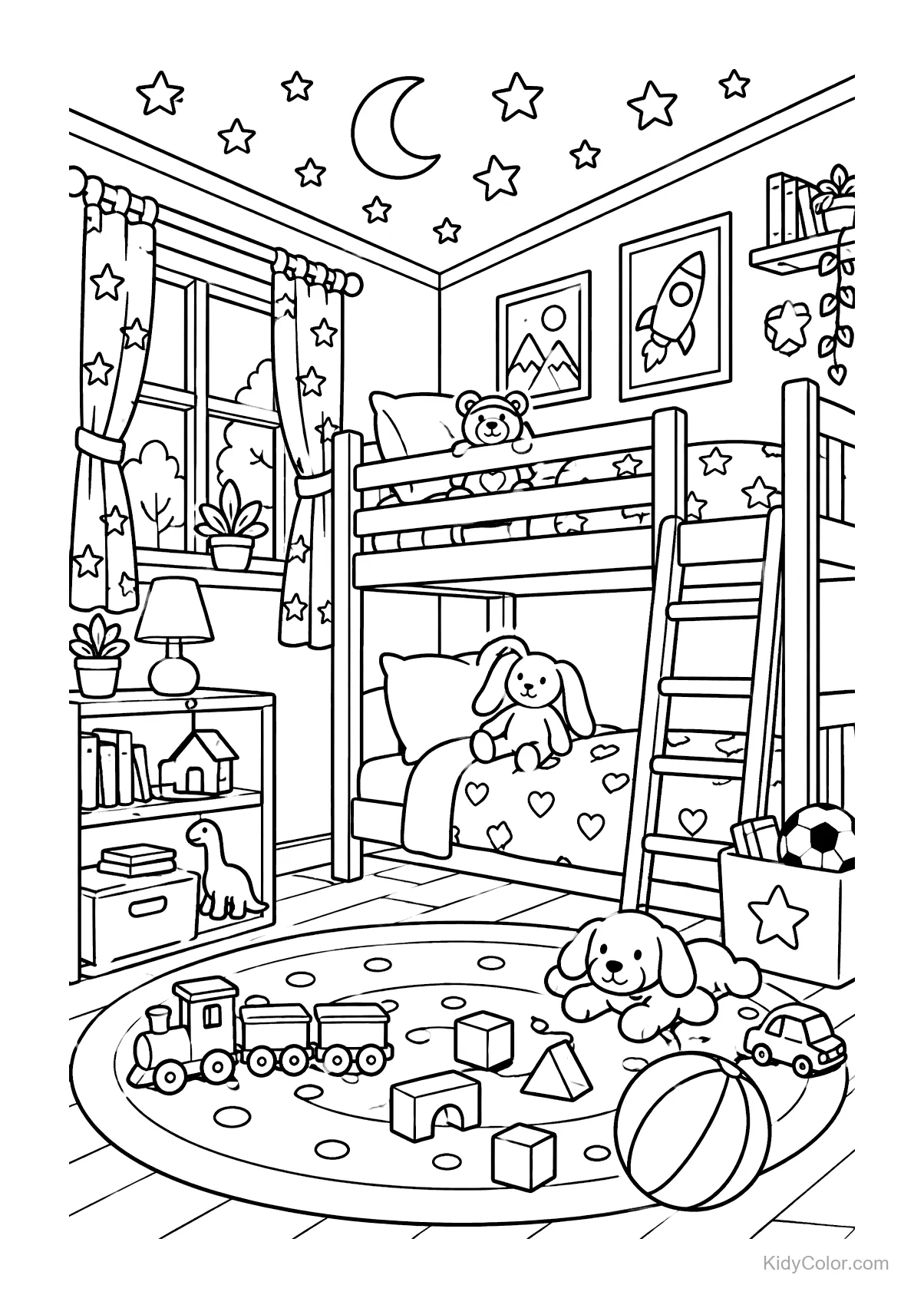 A kids' bedroom with a bunk bed, toys, stars on the ceiling, and a window.