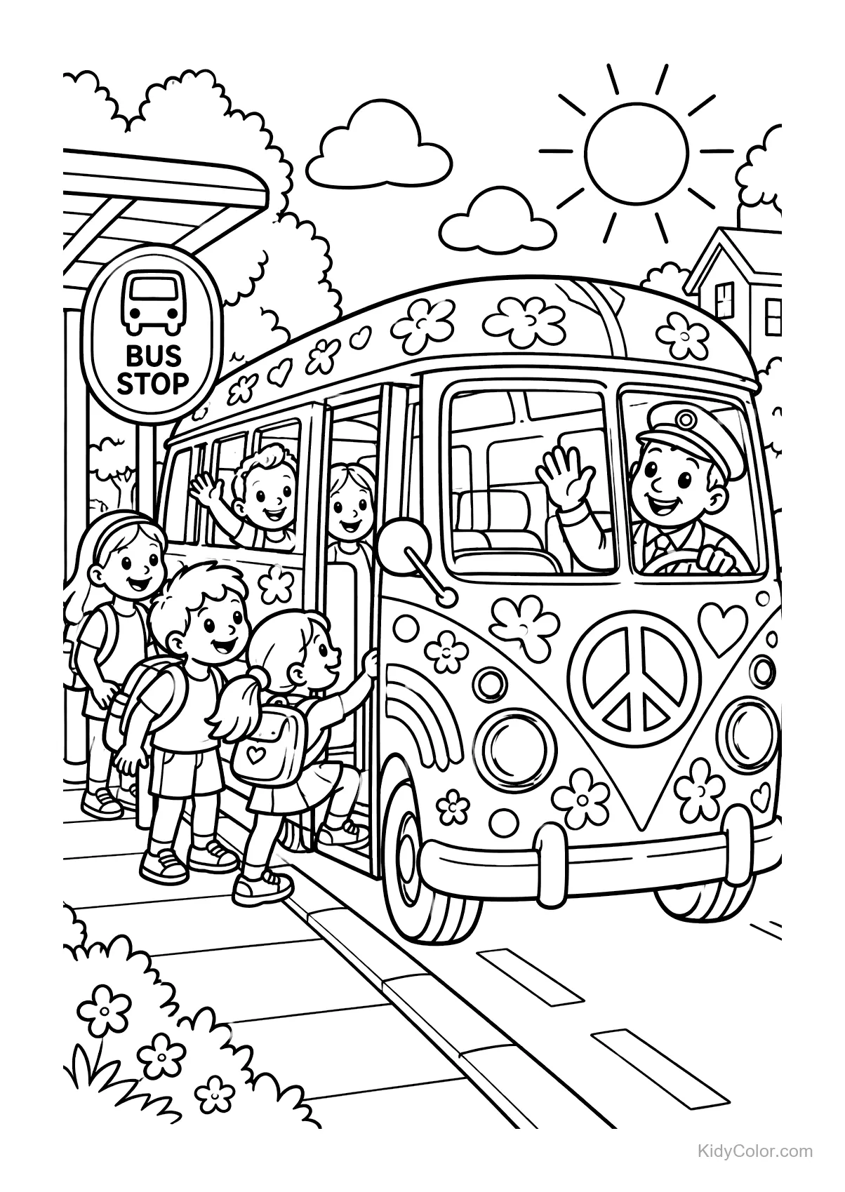 Children boarding a hippie bus at a bus stop on a sunny day.