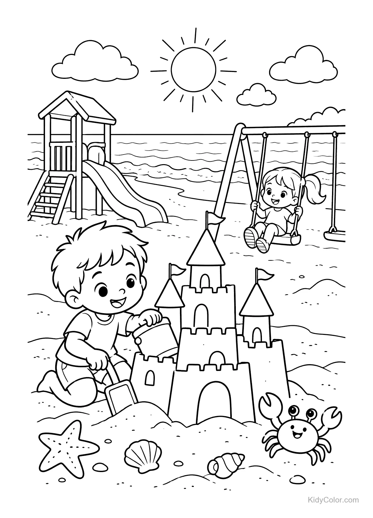 Bambini giocano nella sabbia costruendo un castello vicino ad altalene e uno scivolo.