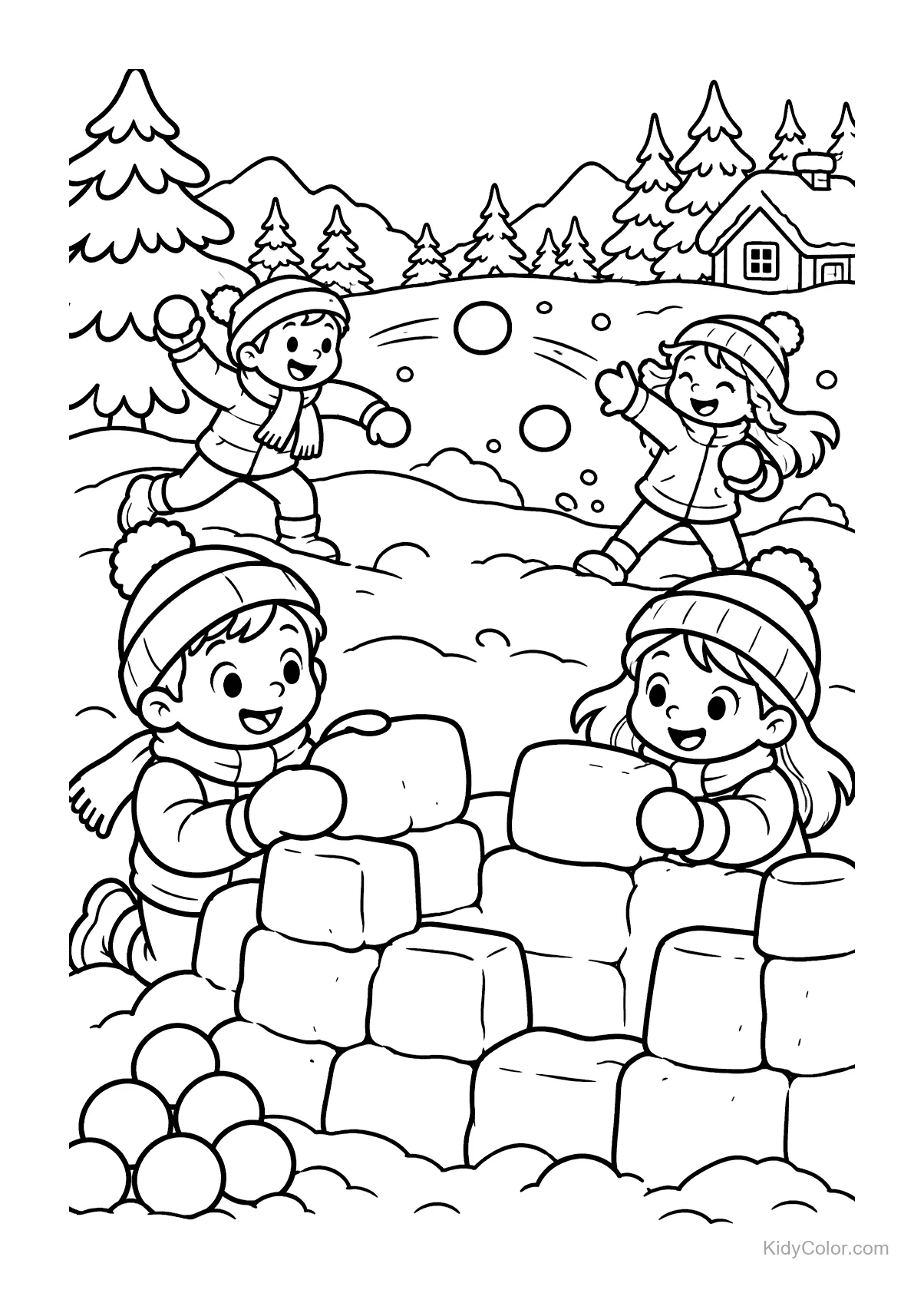 Children building and playing around a snow fort in winter.