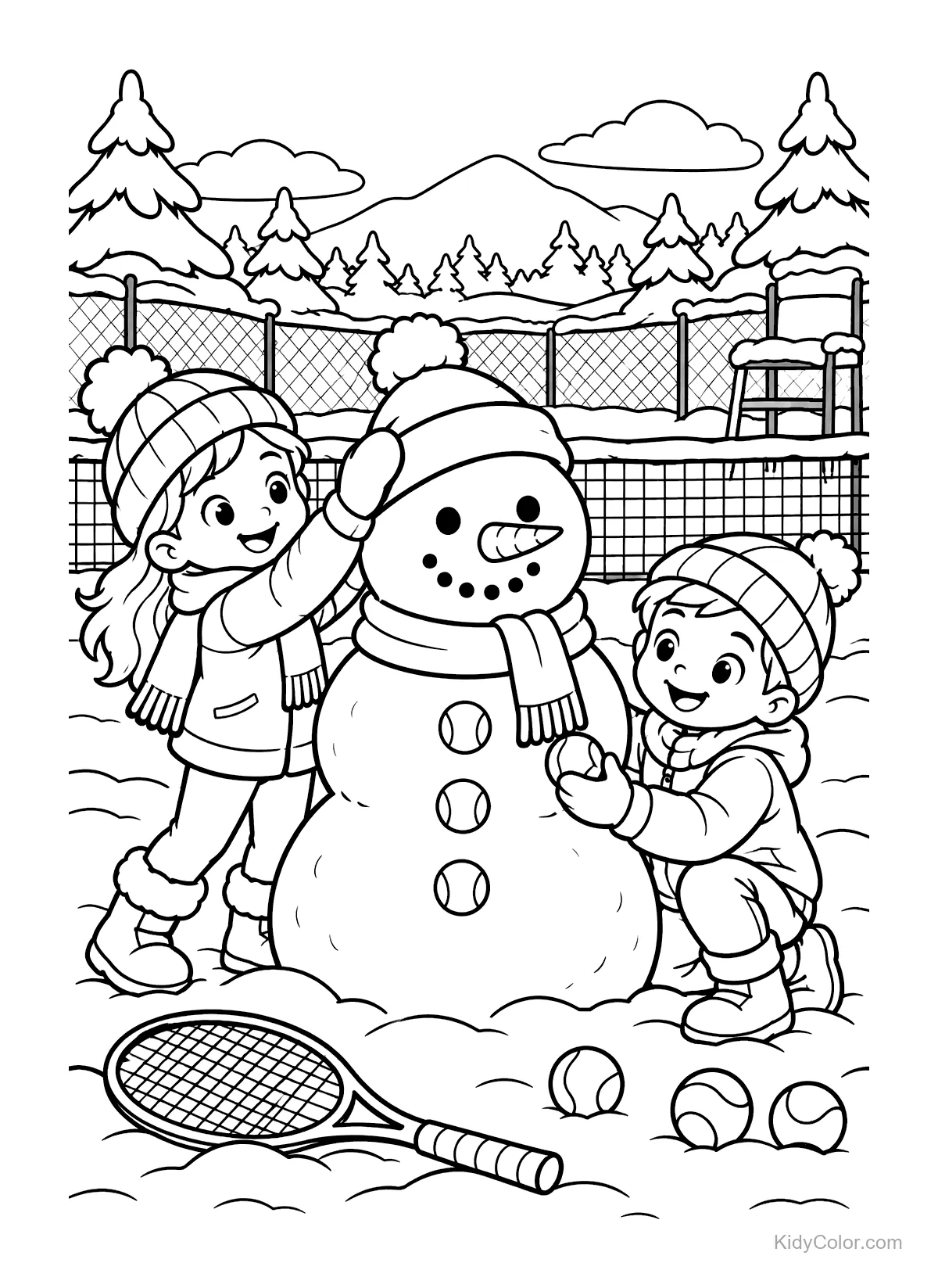 Two children build a snowman on a snowy tennis court.