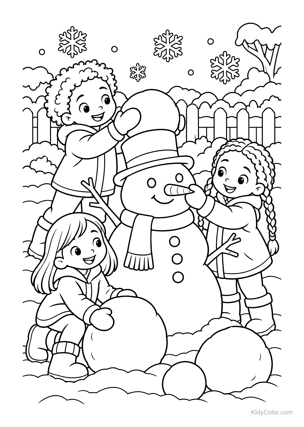 Tre bambini costruiscono un pupazzo di neve con sciarpa e cappello.