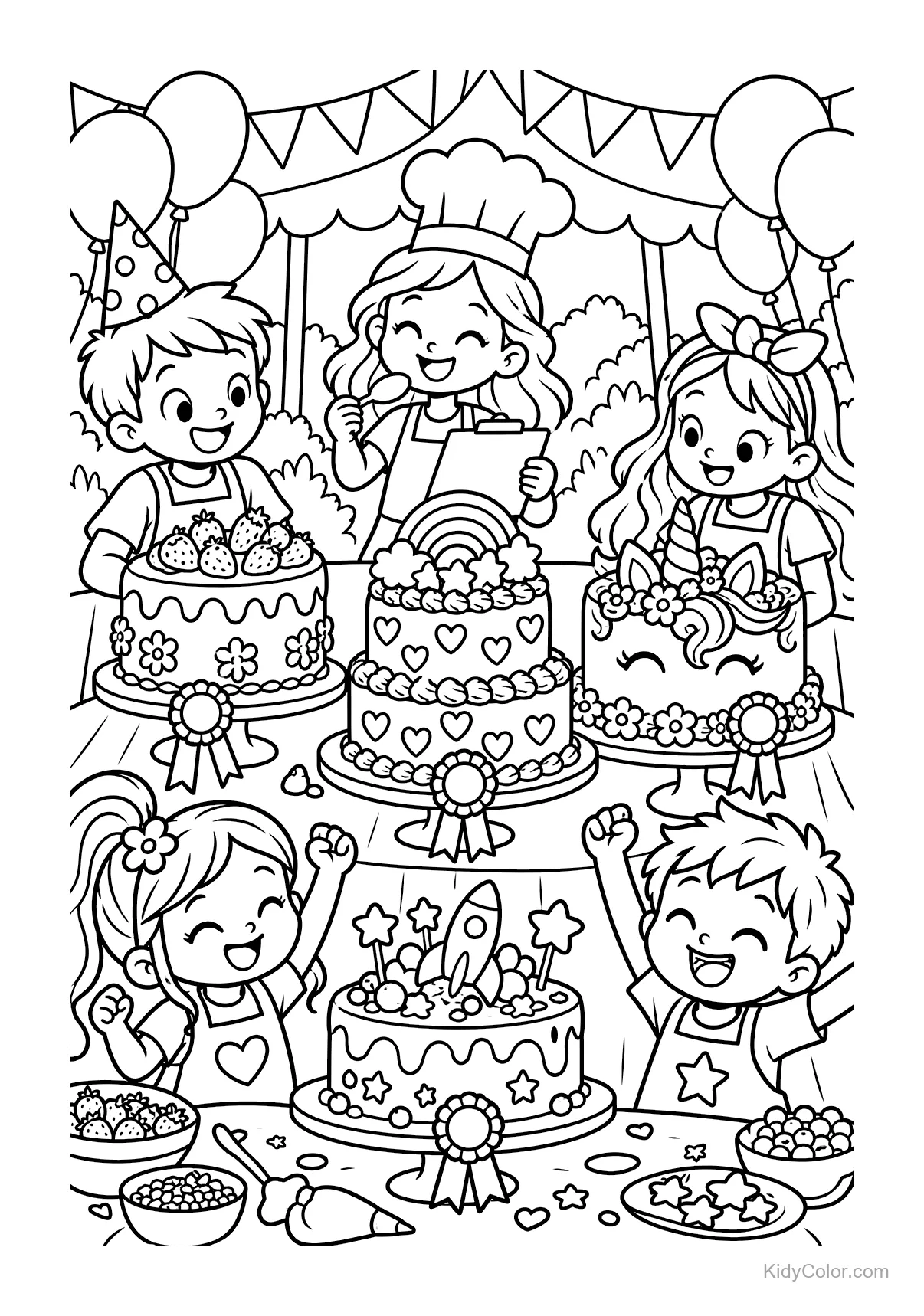 Crianças celebrando com três bolos decorados em uma festa.