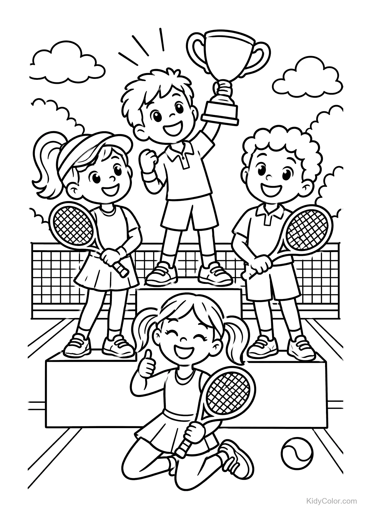 Kids on a tennis podium holding rackets and a trophy.