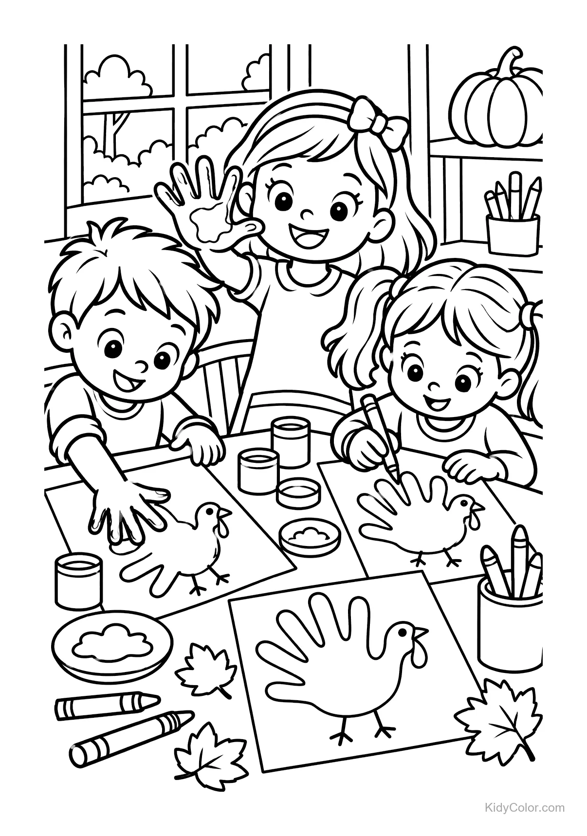 Three kids making turkey handprint crafts at a table with art supplies.
