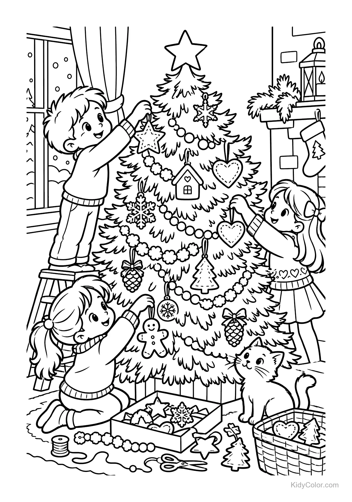 Children decorating a Christmas tree with ornaments and garlands.