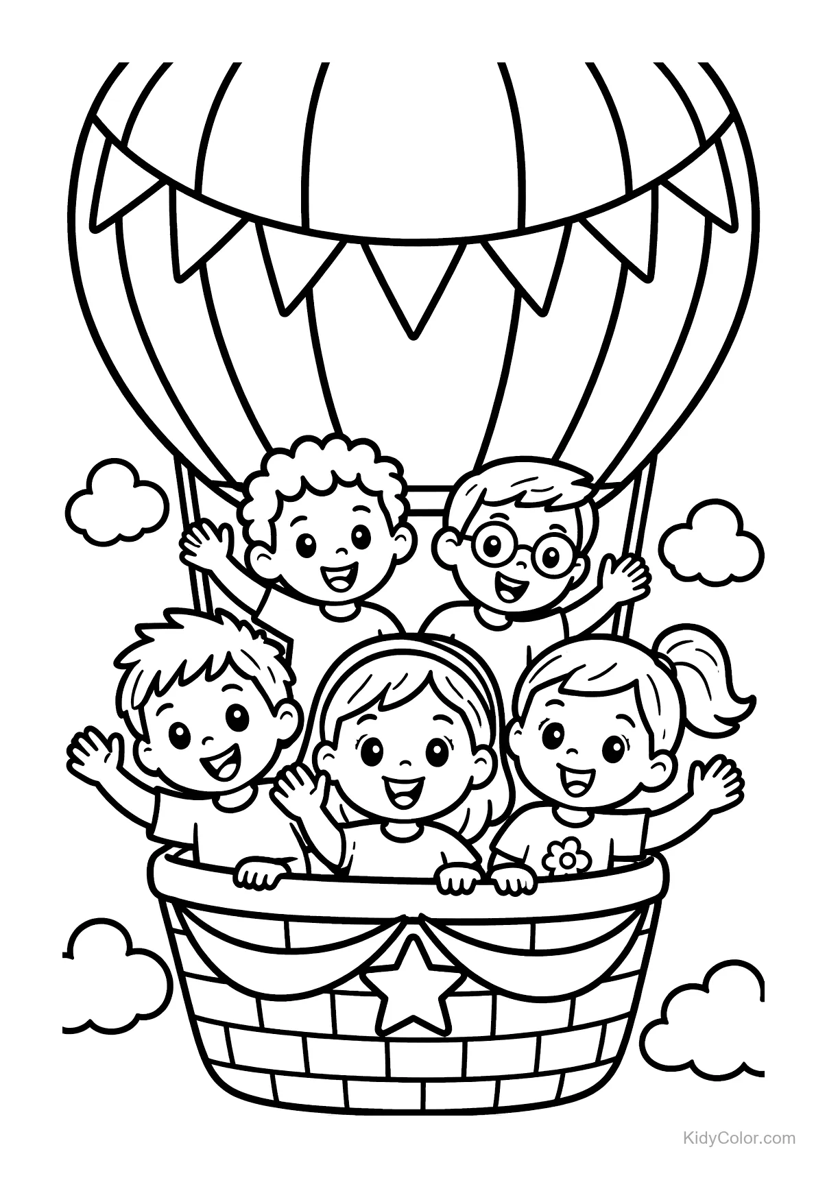 Five kids waving from a hot air balloon in the sky.