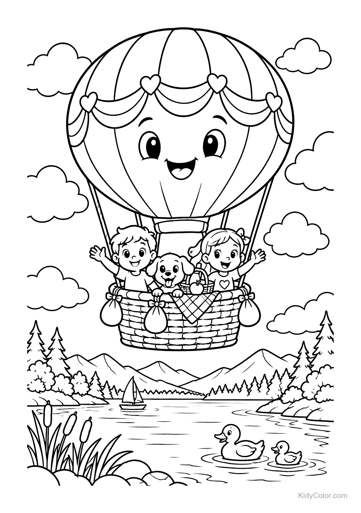 Hot air balloon with happy children and a dog floating above a lake.