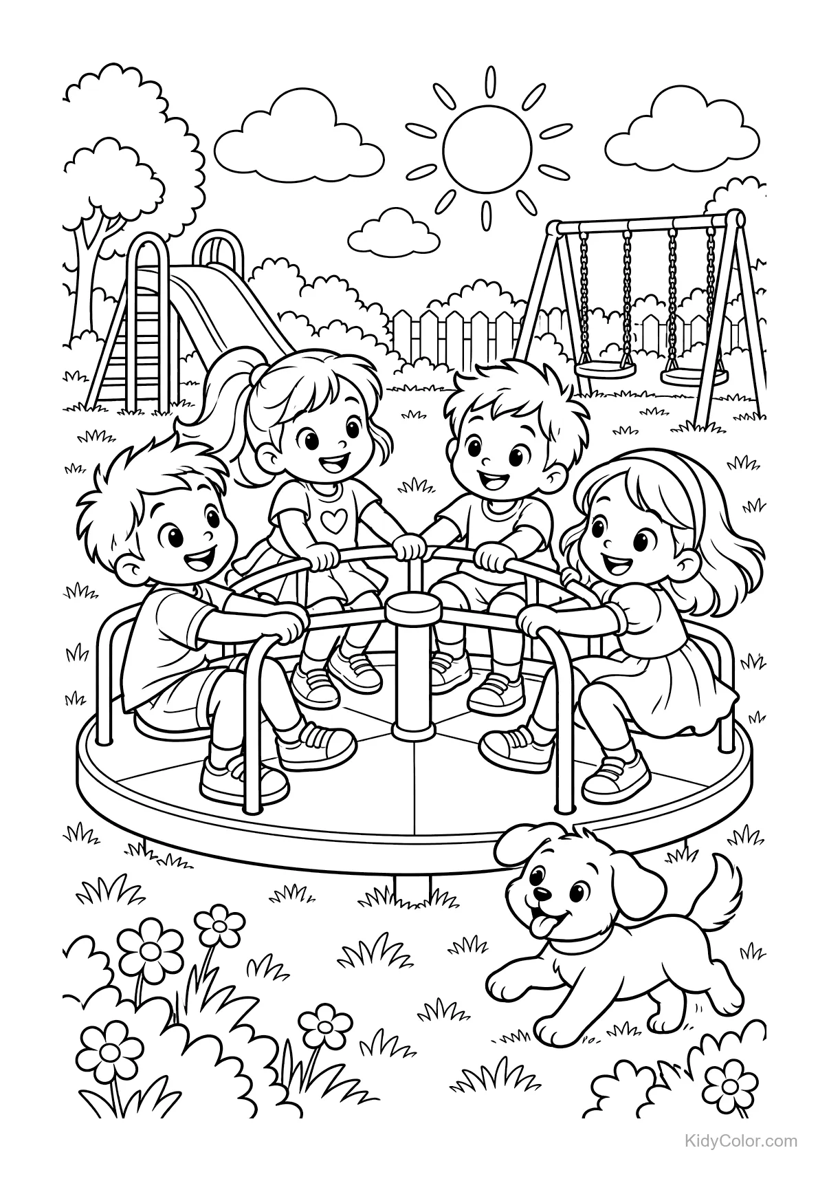 Quattro bambini su un carosello in un parco giochi con un cane vicino.