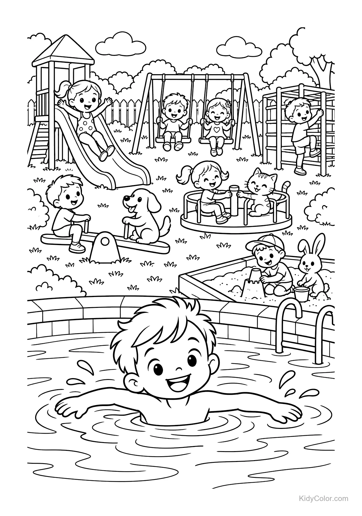 Bambini che giocano al parco con piscina, altalene, scivolo e sabbiera.