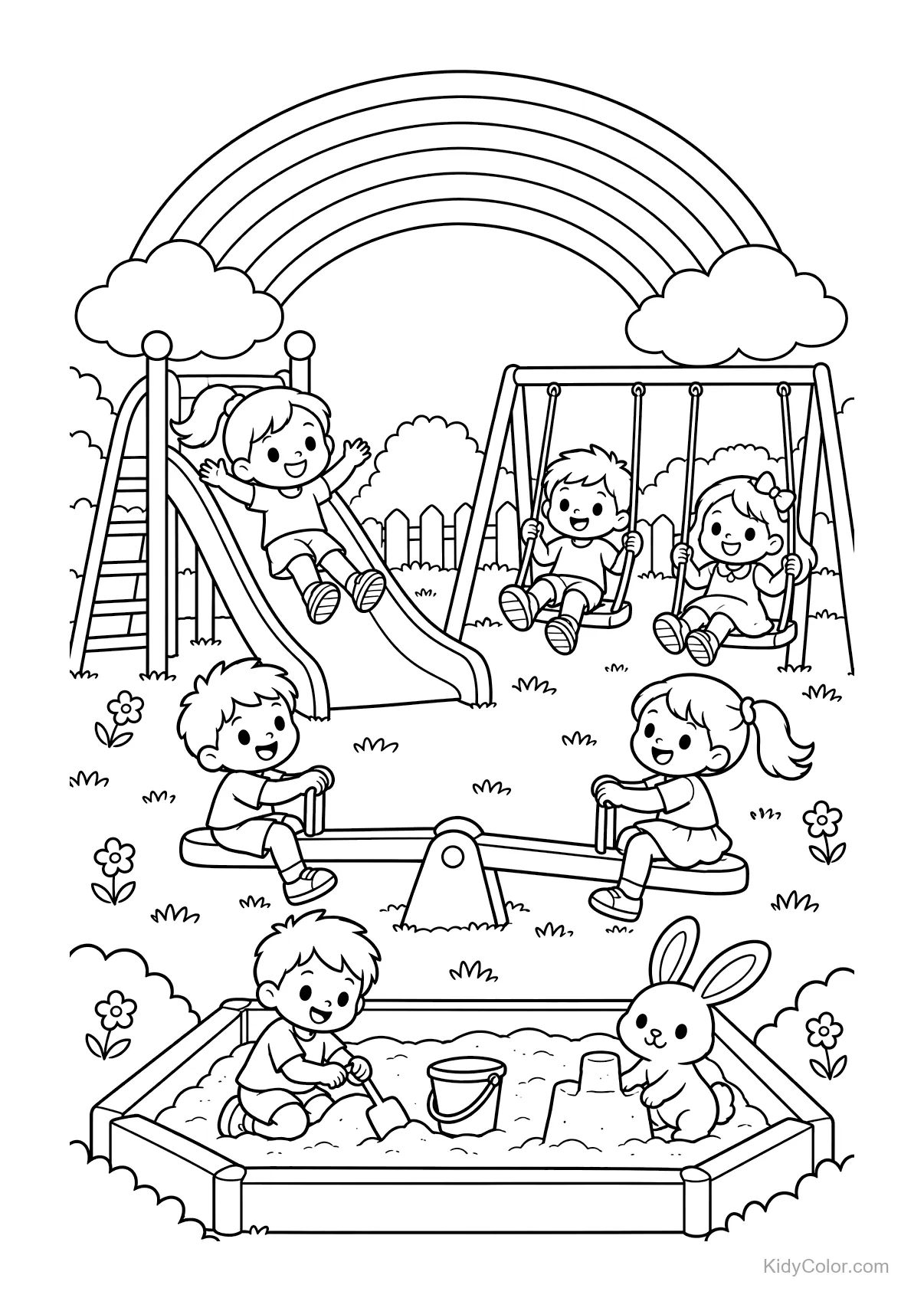 Bambini che giocano al parco con scivolo, altalene, dondolo e arcobaleno.