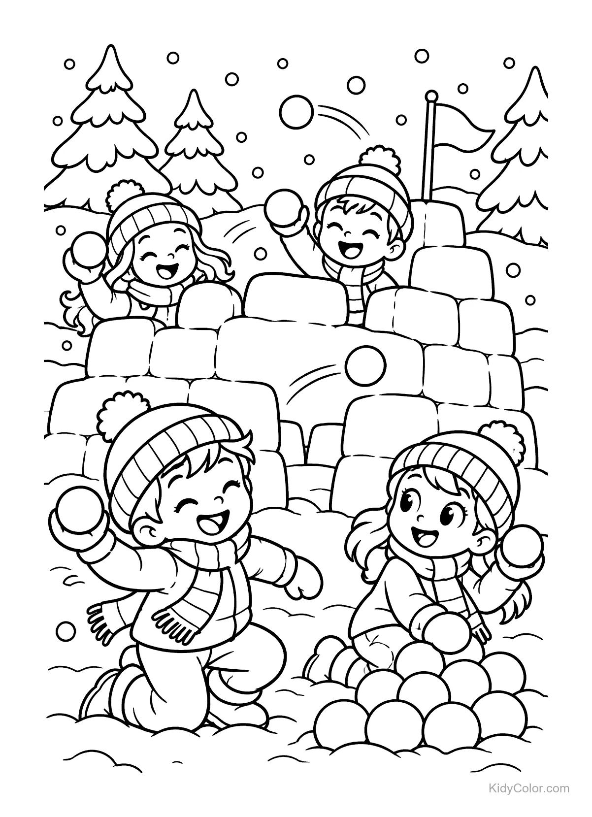 Children having a snowball fight near a snow fort.