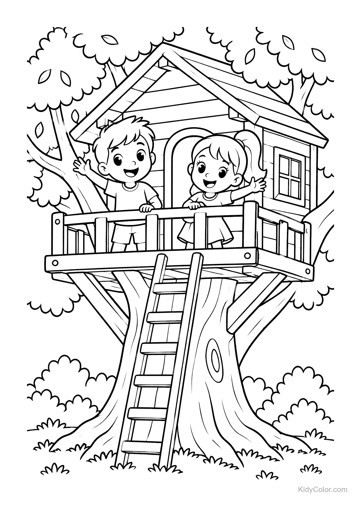 Due bambini giocano in una casa sull'albero, sorridenti e salutano.
