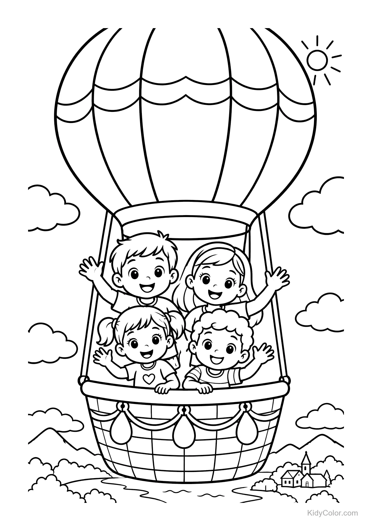 Four children waving from a hot air balloon in the sky with clouds and a sun.