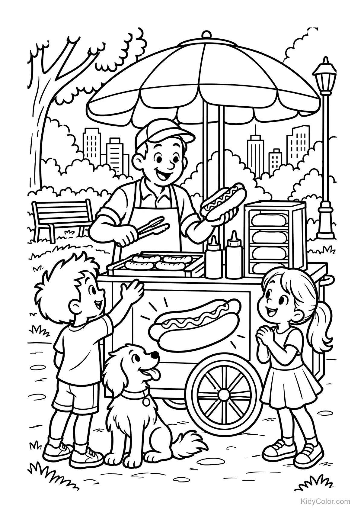 Children and a dog at a hot dog stand in a park with a vendor.