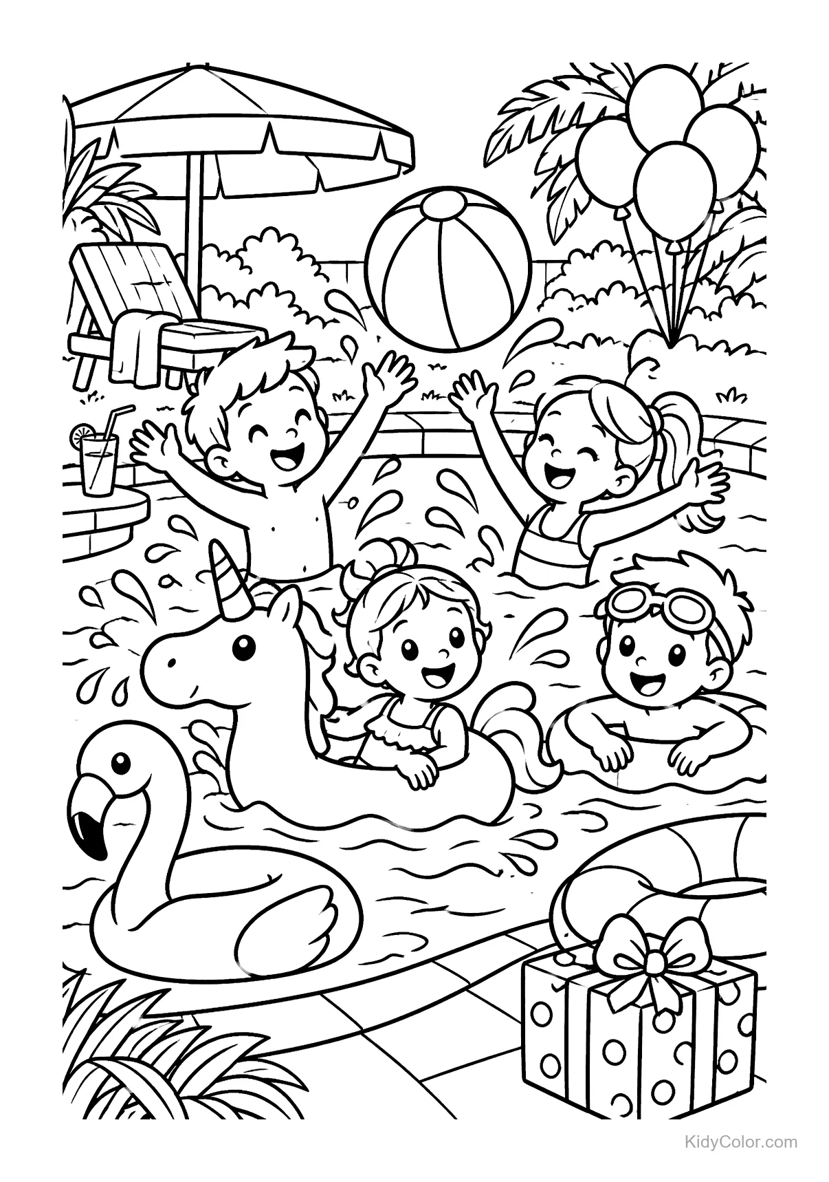 Kids splashing in a pool with inflatables and balloons.