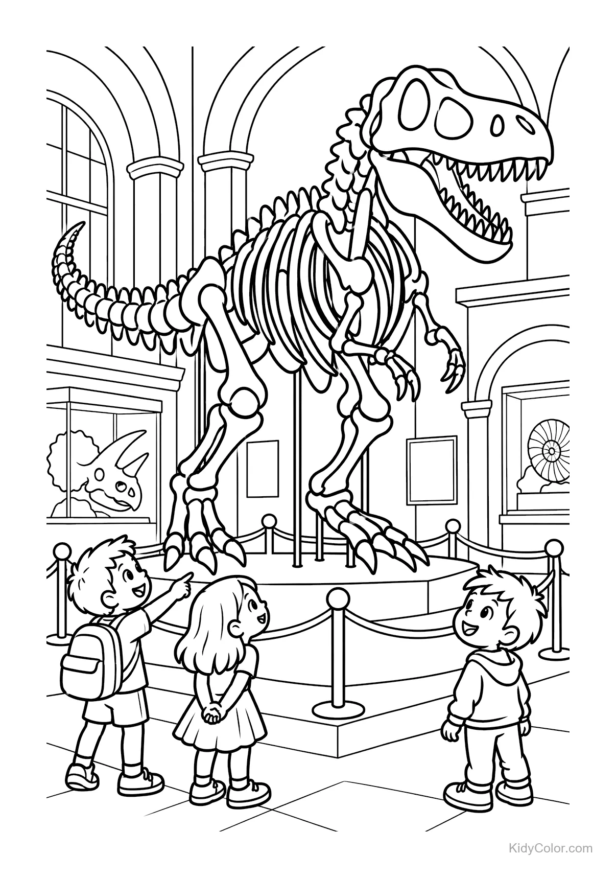 Niños mirando un esqueleto de dinosaurio en un museo.