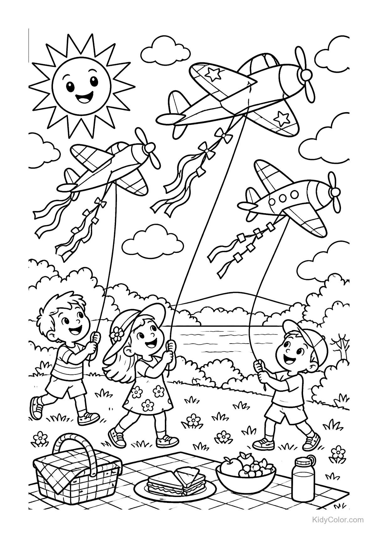 Three children fly airplane kites over a picnic in a sunny park.