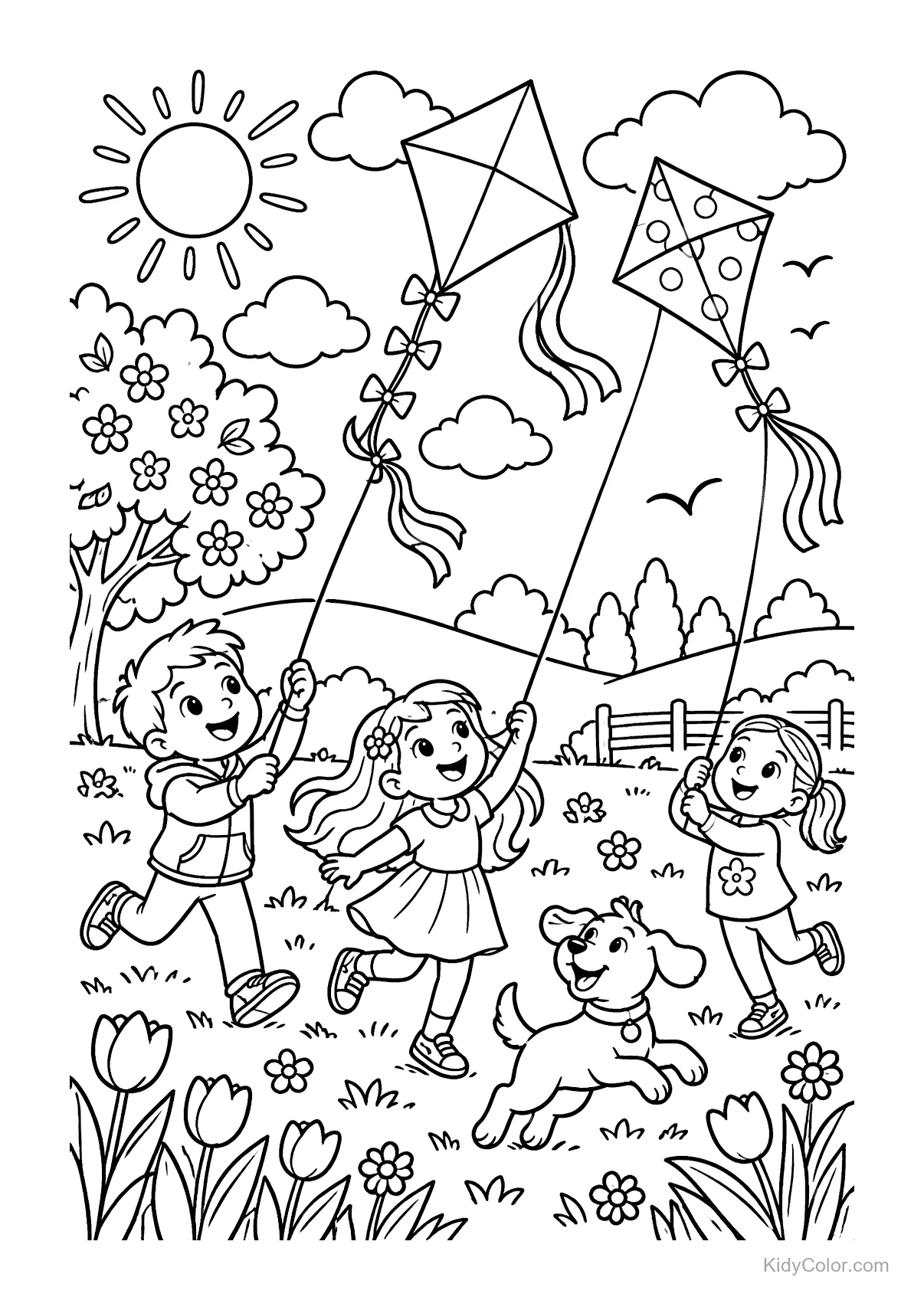 Children flying kites in a meadow with a dog, sun, and flowers.