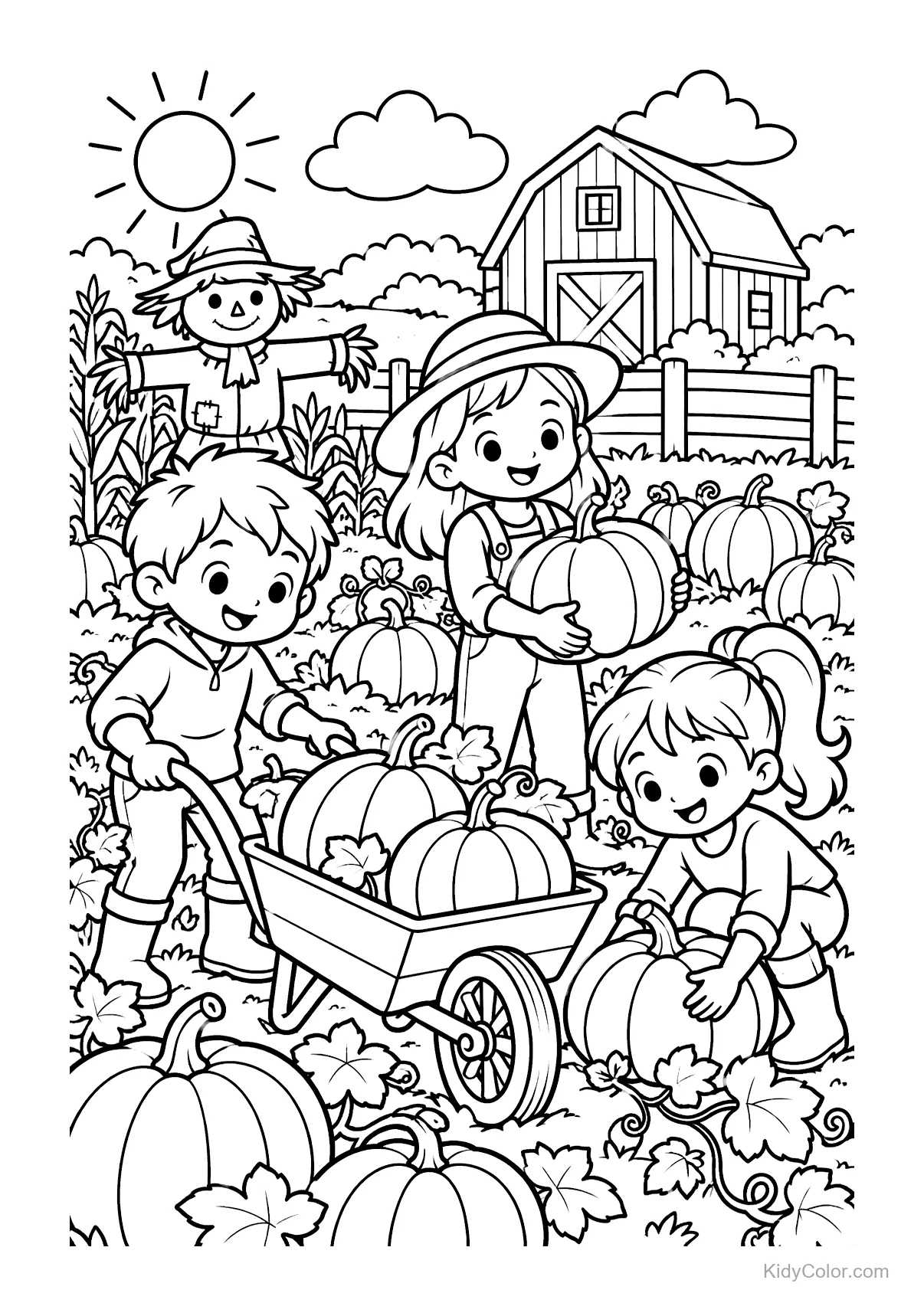 Kids with pumpkins in a garden and a wheelbarrow, sunny day.