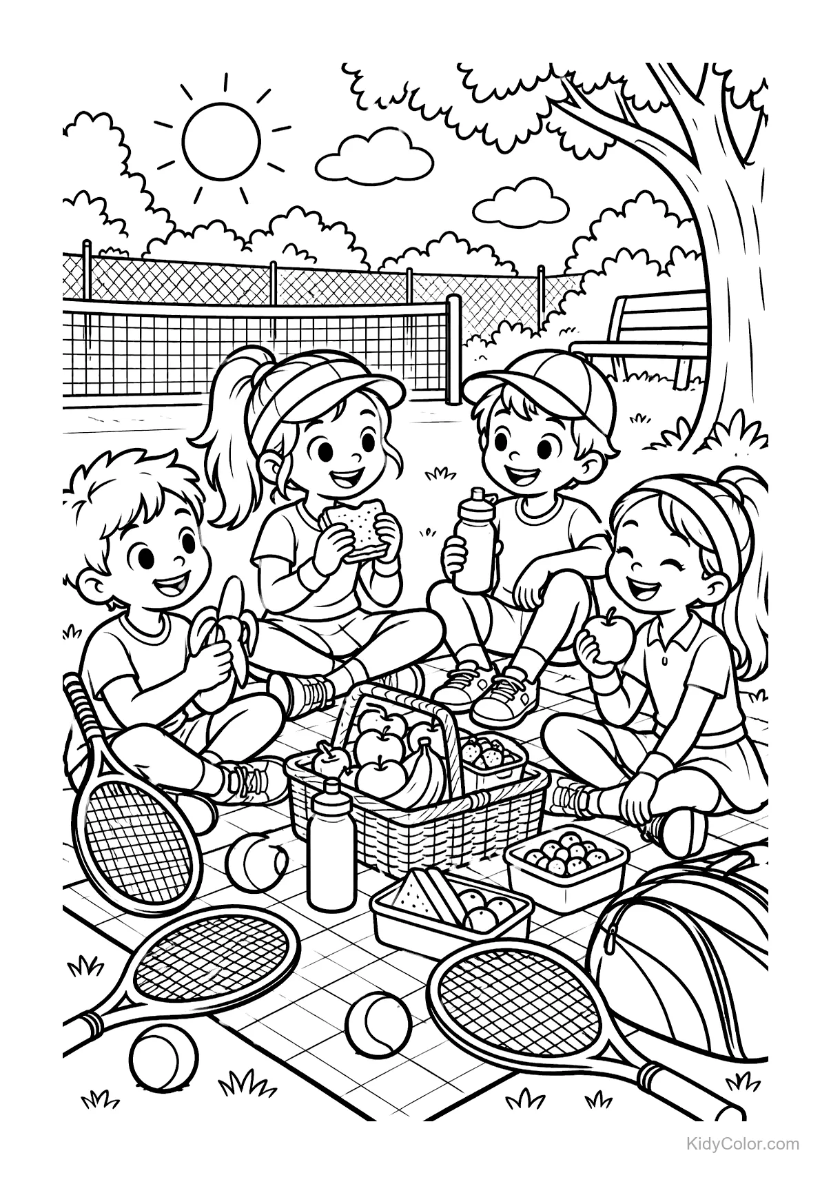 Kids having a picnic with tennis rackets and balls on the grass.