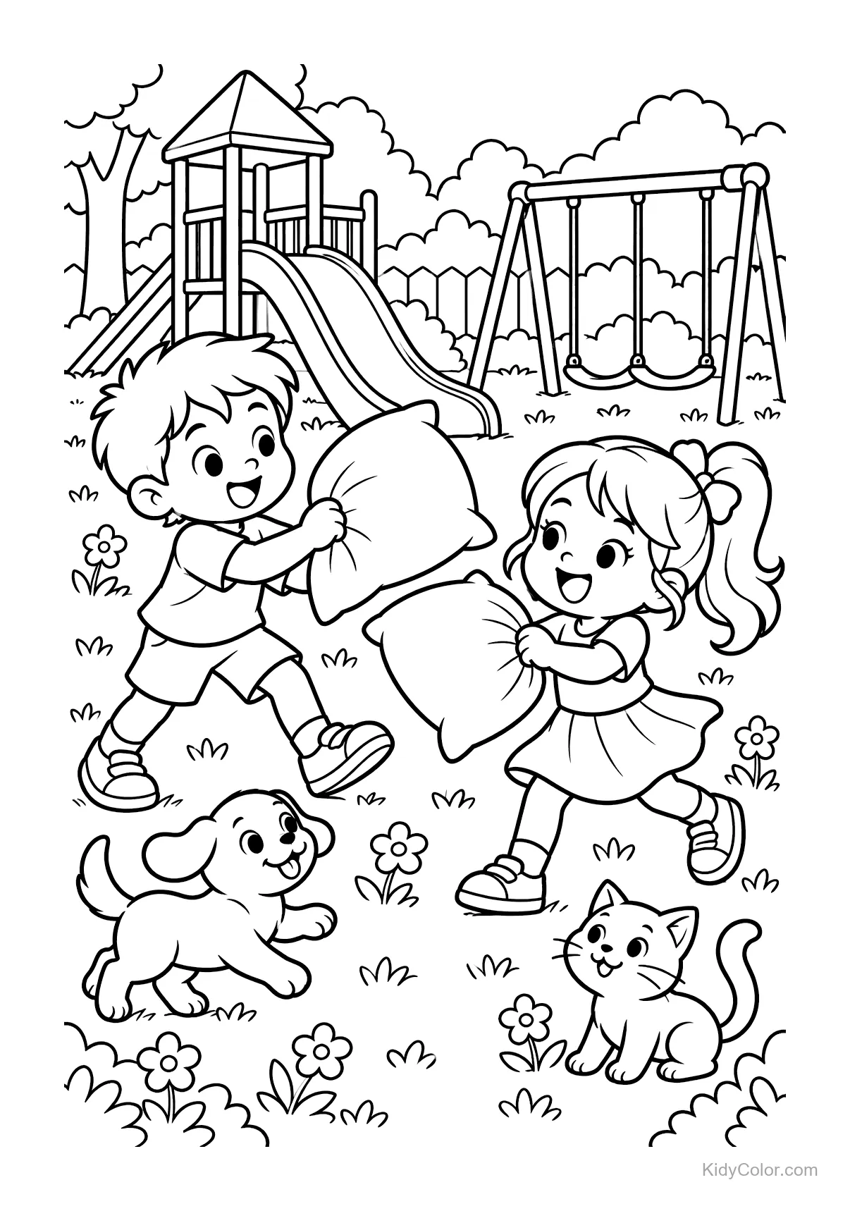 Due bambini che fanno una battaglia di cuscini in un parco giochi con altalene e scivolo.