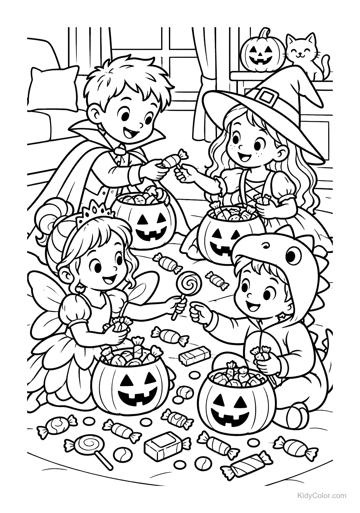 Kinder in Kostümen mit Süßigkeiten auf einer Halloween-Party.
