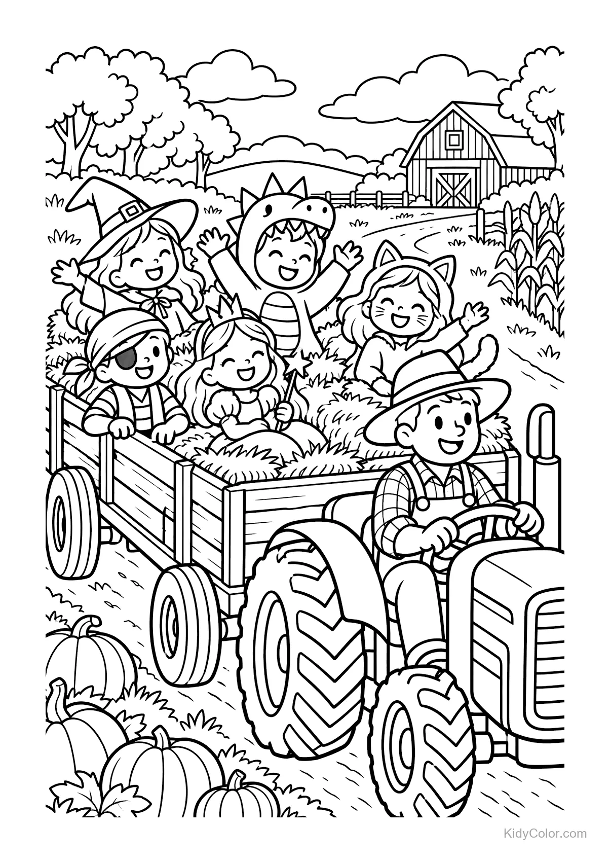 Kinder in Halloween-Kostümen auf einem von einem Traktor gezogenen Heuwagen.