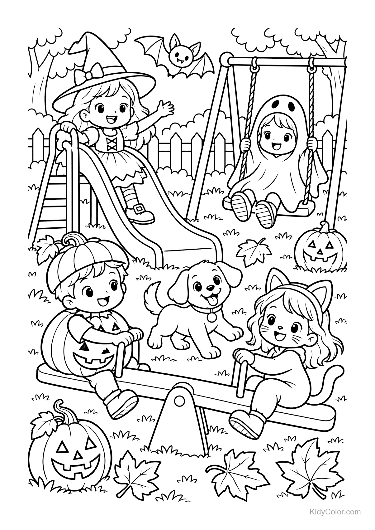 Dzieci w strojach halloweenowych bawią się na placu zabaw z dyniami.
