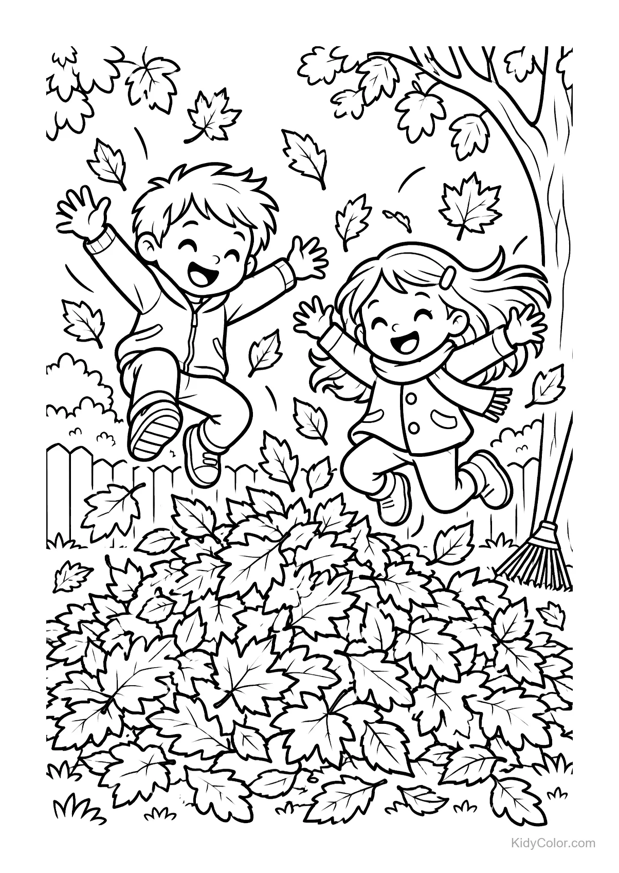 Two children jumping into a pile of autumn leaves with a tree nearby.