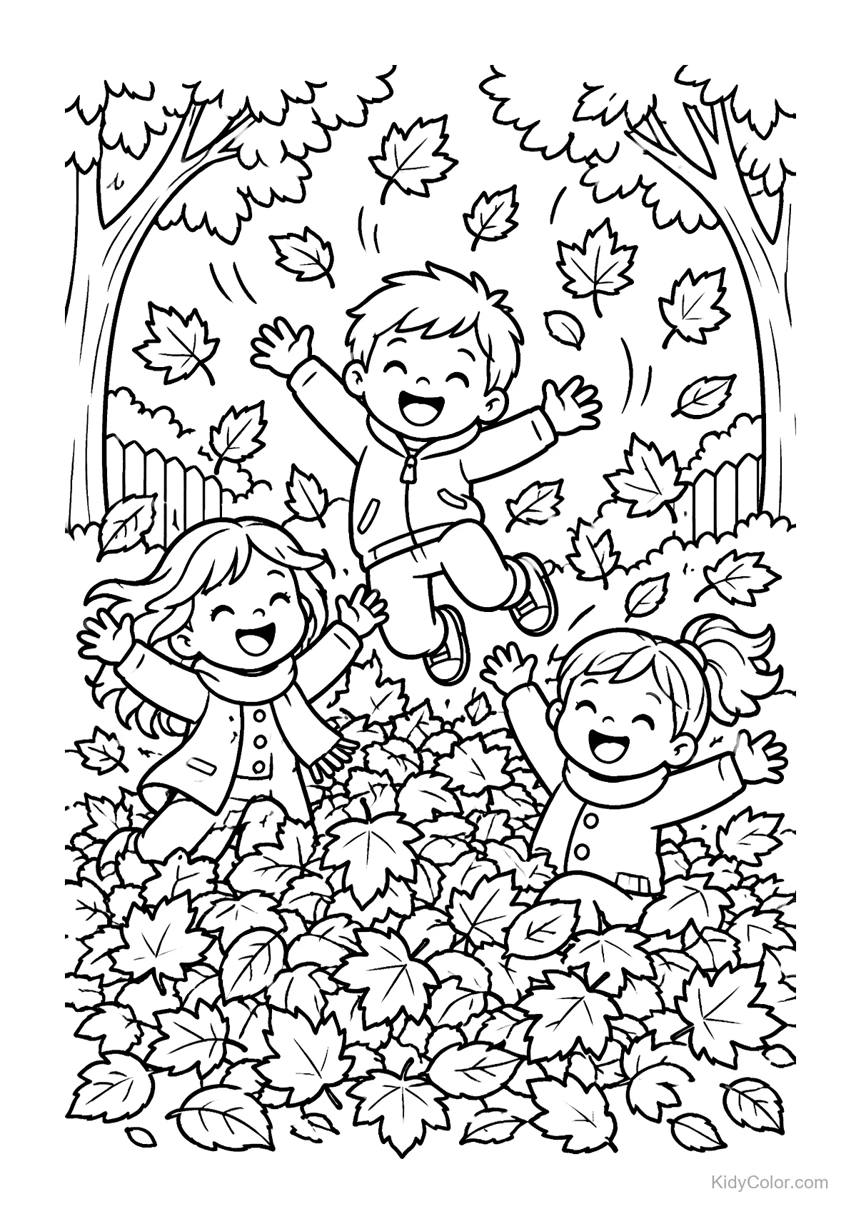 Three children happily jump into a pile of autumn leaves.