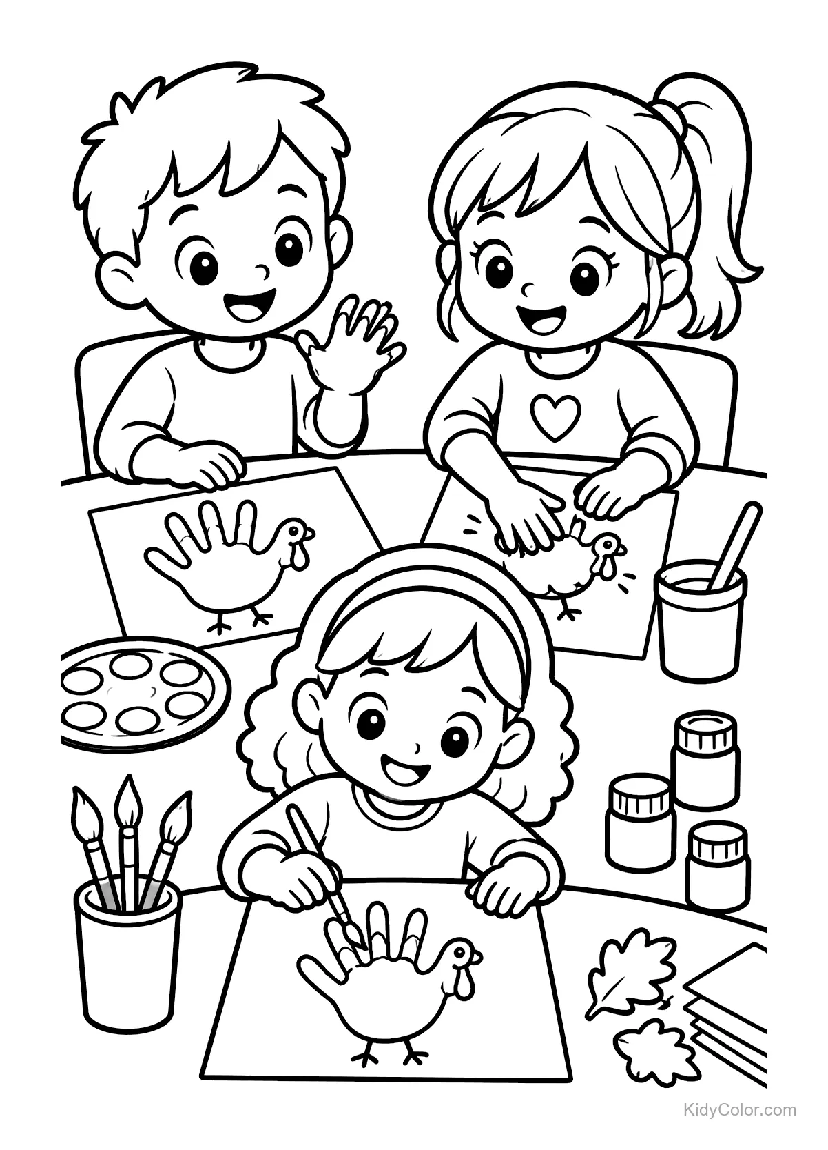 Three children making handprint turkeys at a table with art supplies.