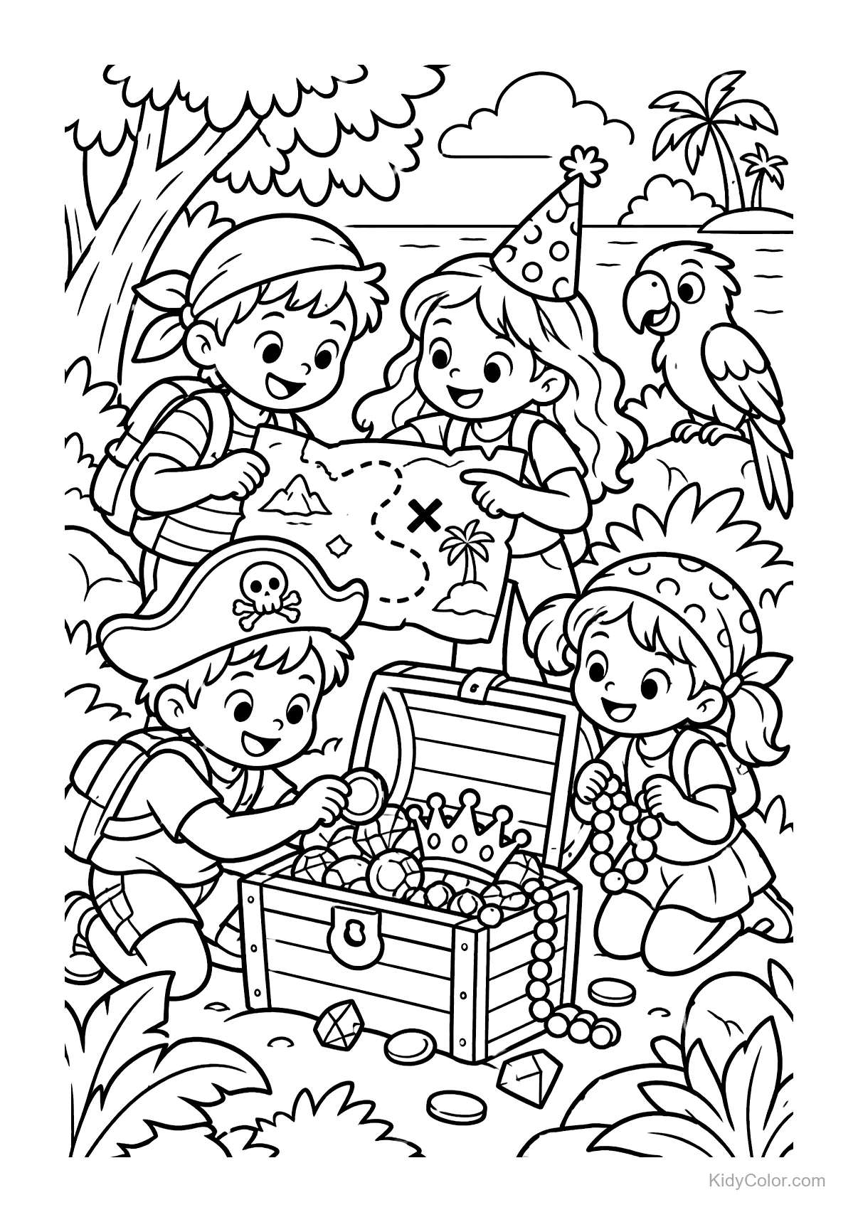 Kinder mit Schatzkarte und Truhe voller Juwelen, mit Piraten- und Partyhüten.