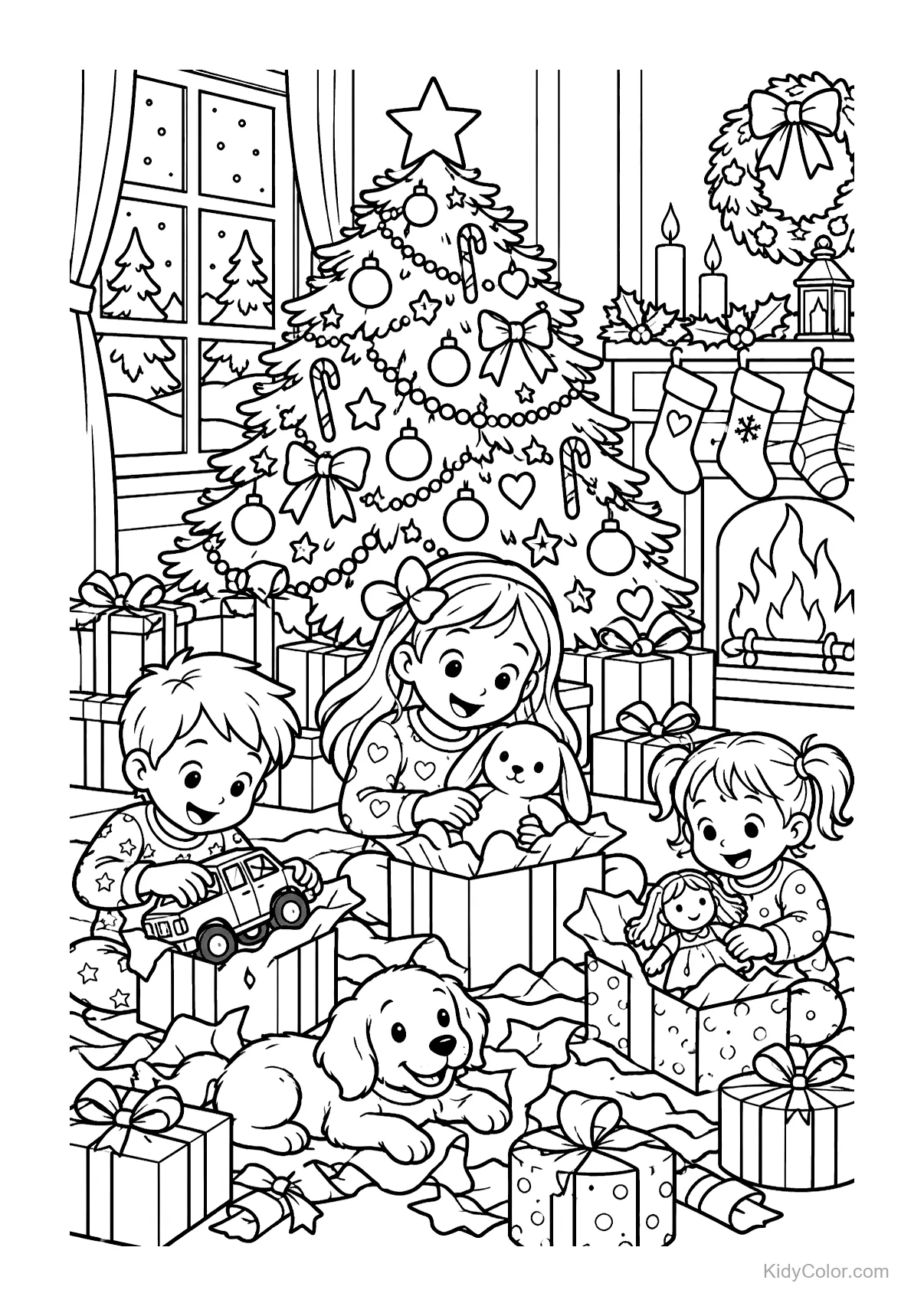 Crianças abrindo presentes sob uma árvore de Natal ao lado da lareira.