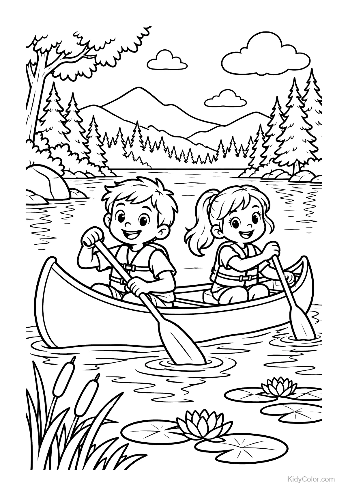 Two kids paddling a canoe on a mountain lake with trees.
