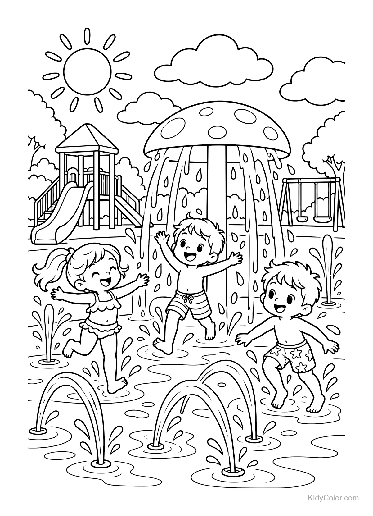 Tre bambini giocano in un parco acquatico con fontane sotto il sole.