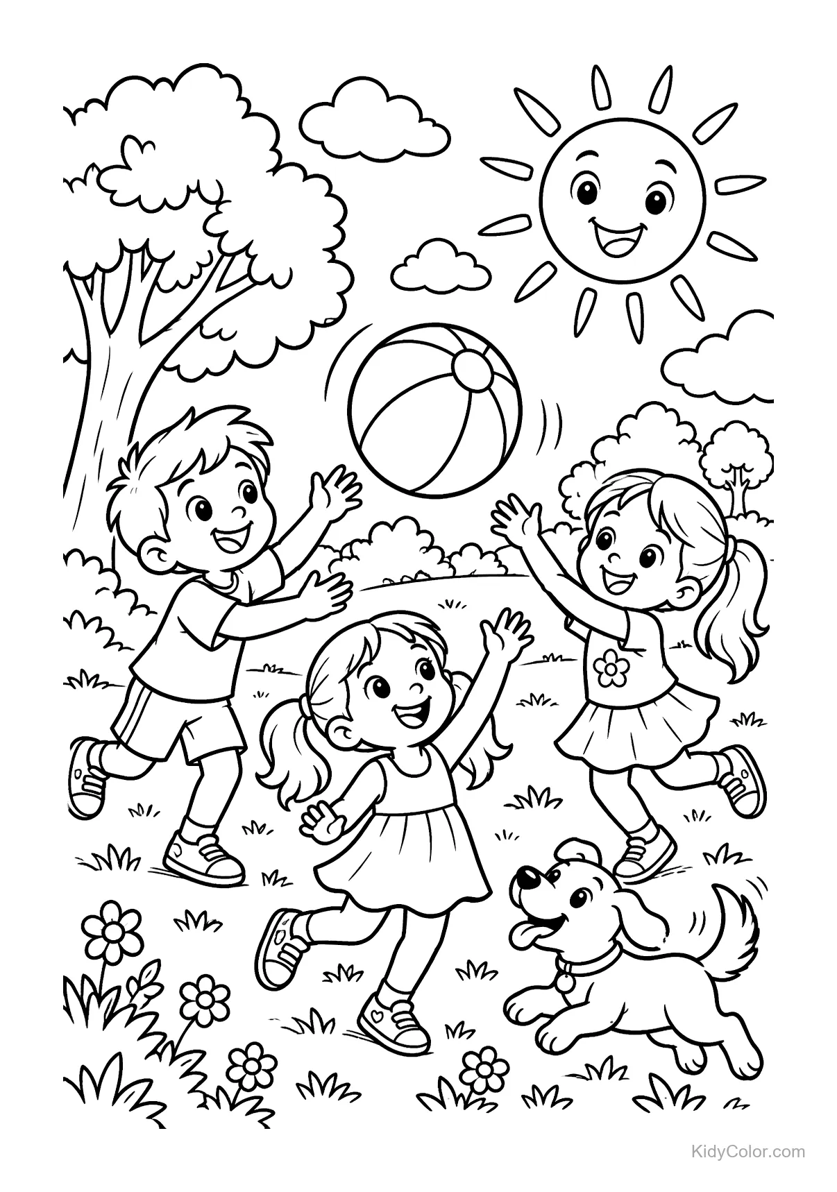 Children playing ball in a sunny park with a dog and trees.