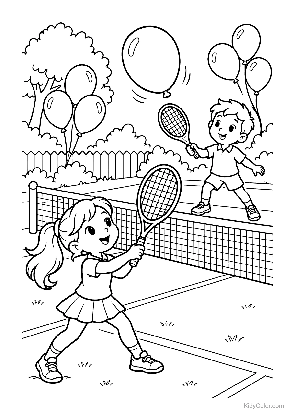 Kids playing balloon tennis in a park with trees and balloons.