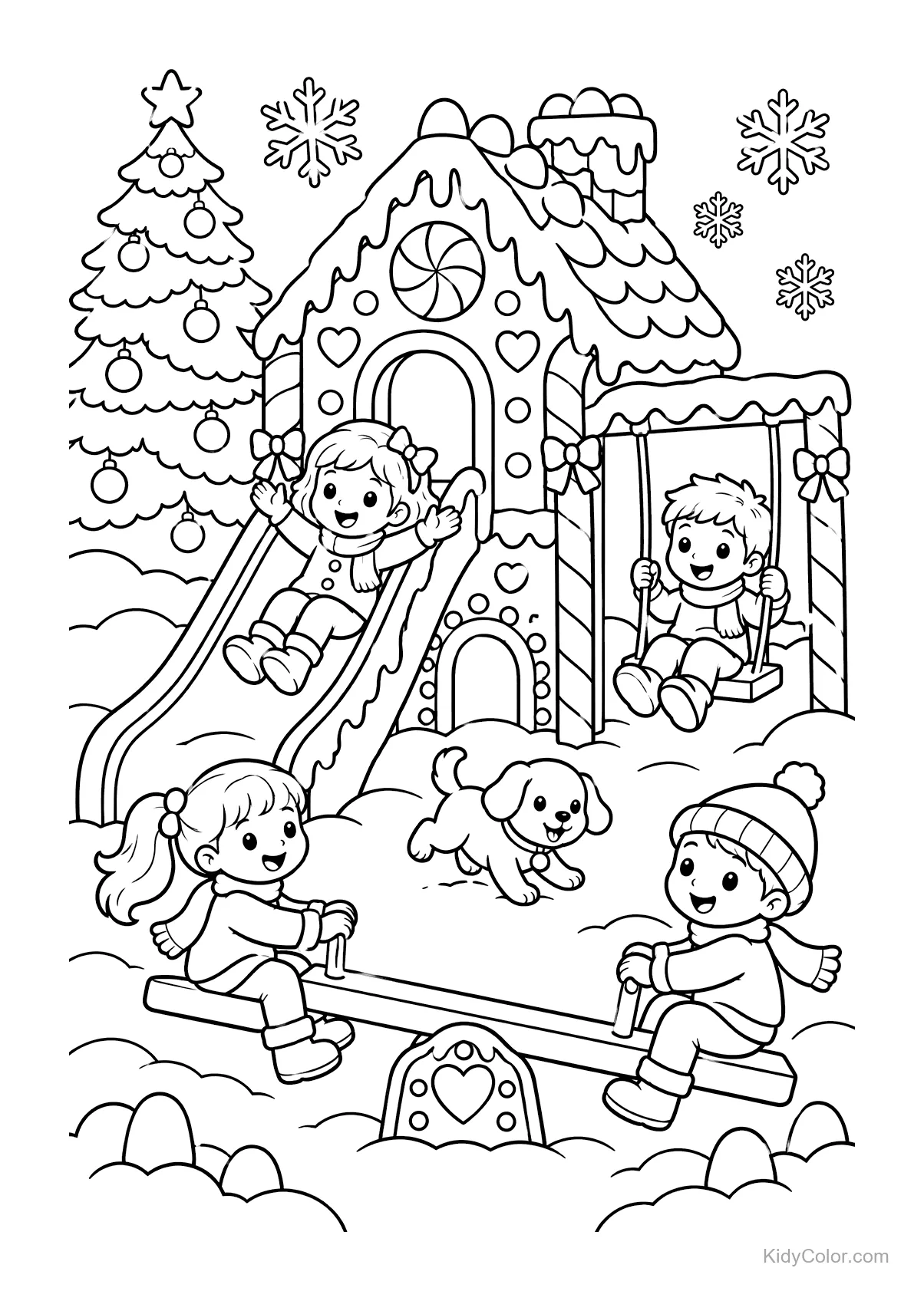 Bambini in un parco giochi a tema pan di zenzero con altalene e scivoli.