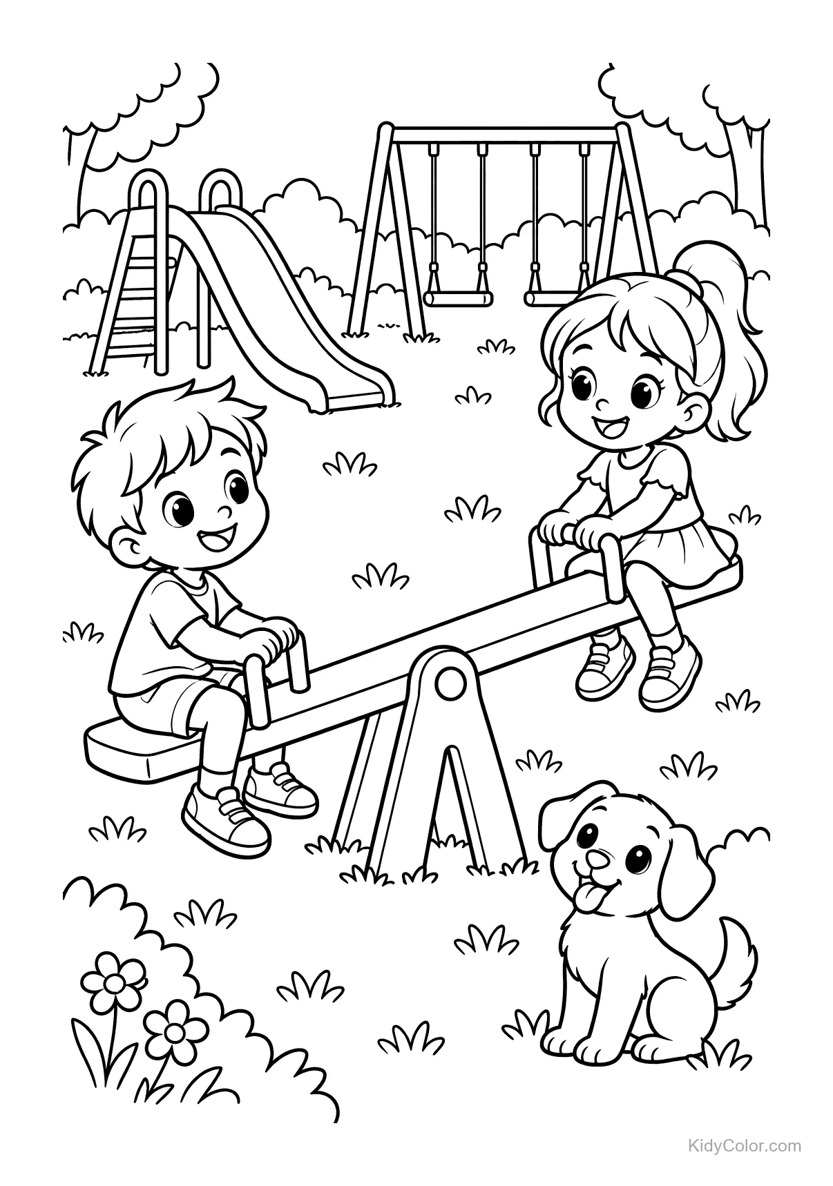 Bambini su un'altalena e un cucciolo nel parco giochi.