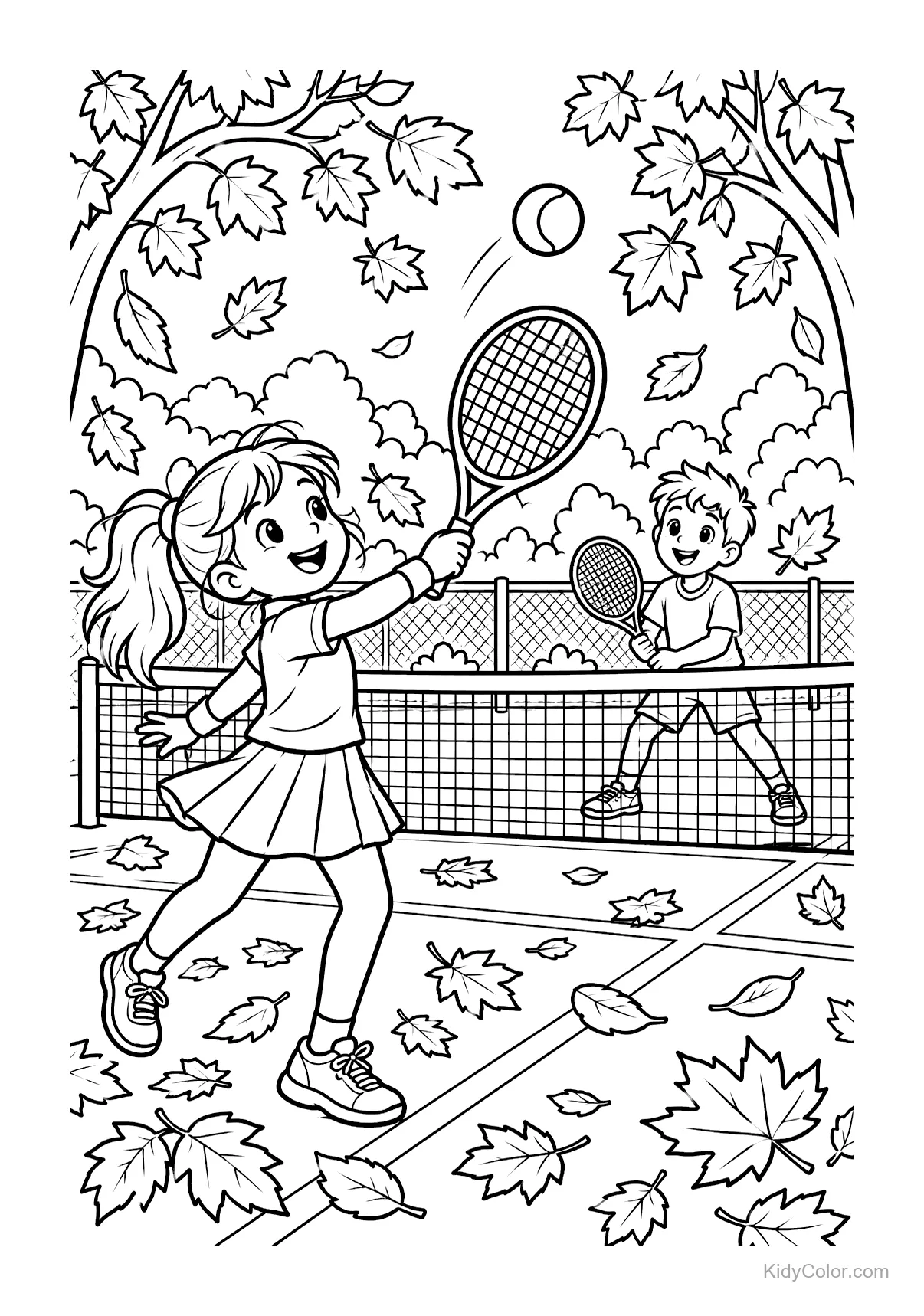 Two children playing tennis as autumn leaves fall around them.