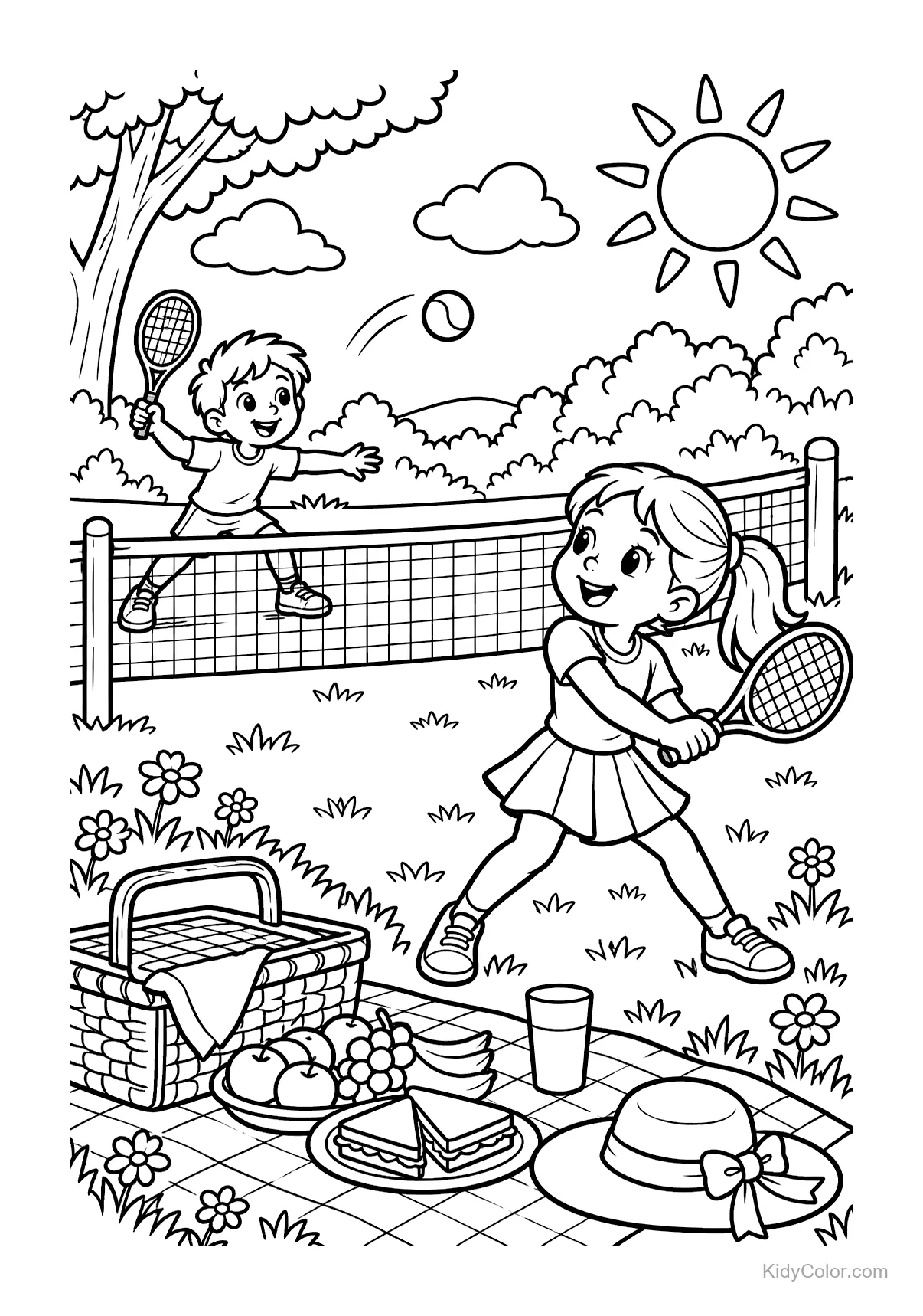 Children playing tennis in a park with a picnic nearby.