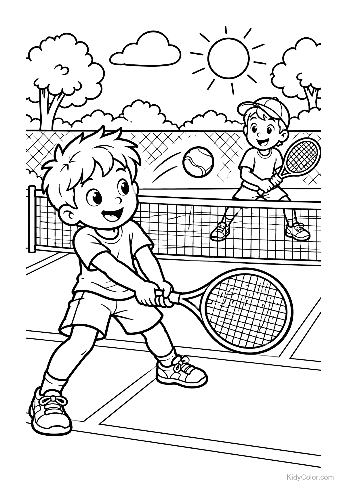 Two children playing tennis with rackets on a sunny court.