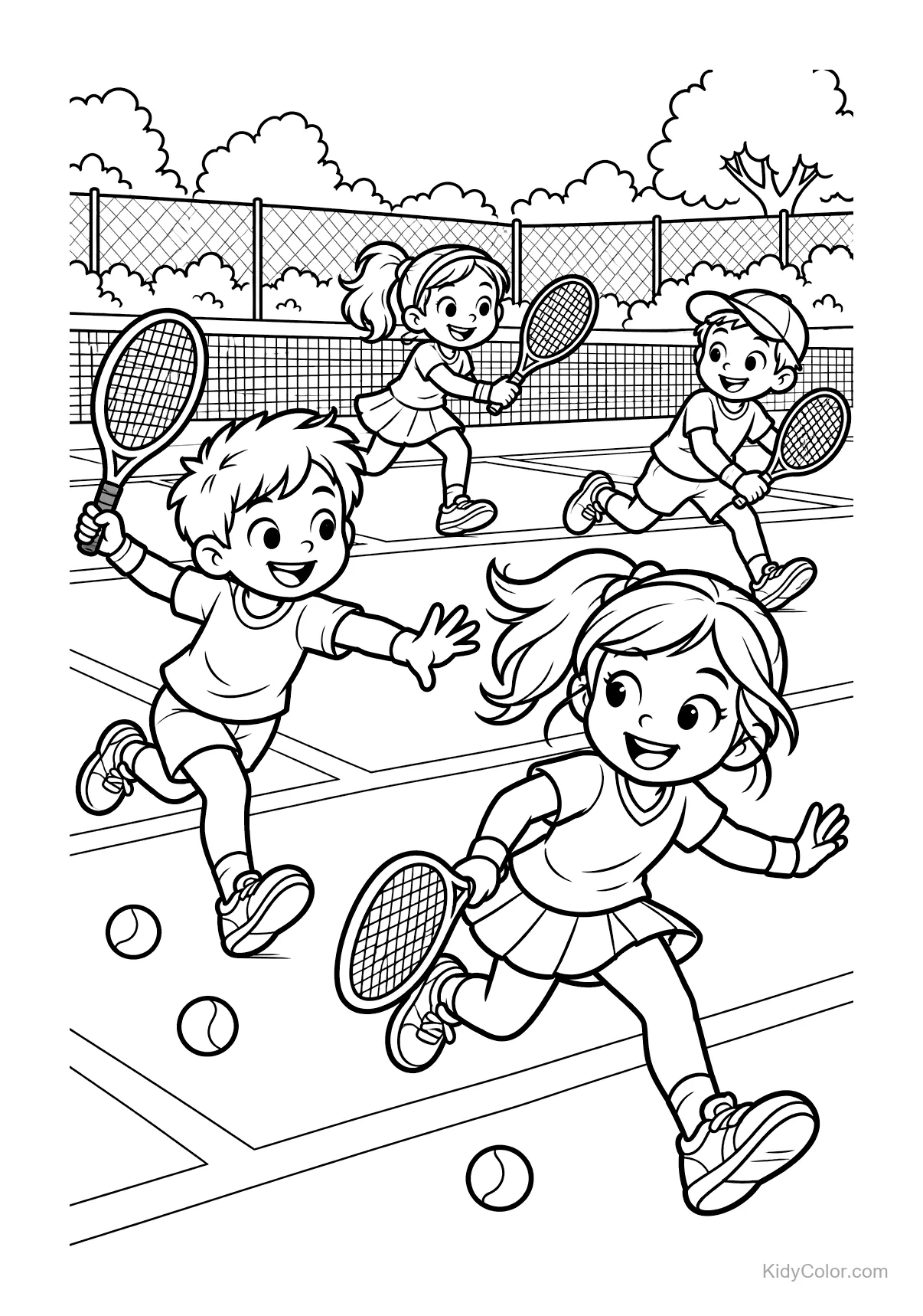 Quatro crianças jogando tênis em uma quadra com raquetes e bolas.