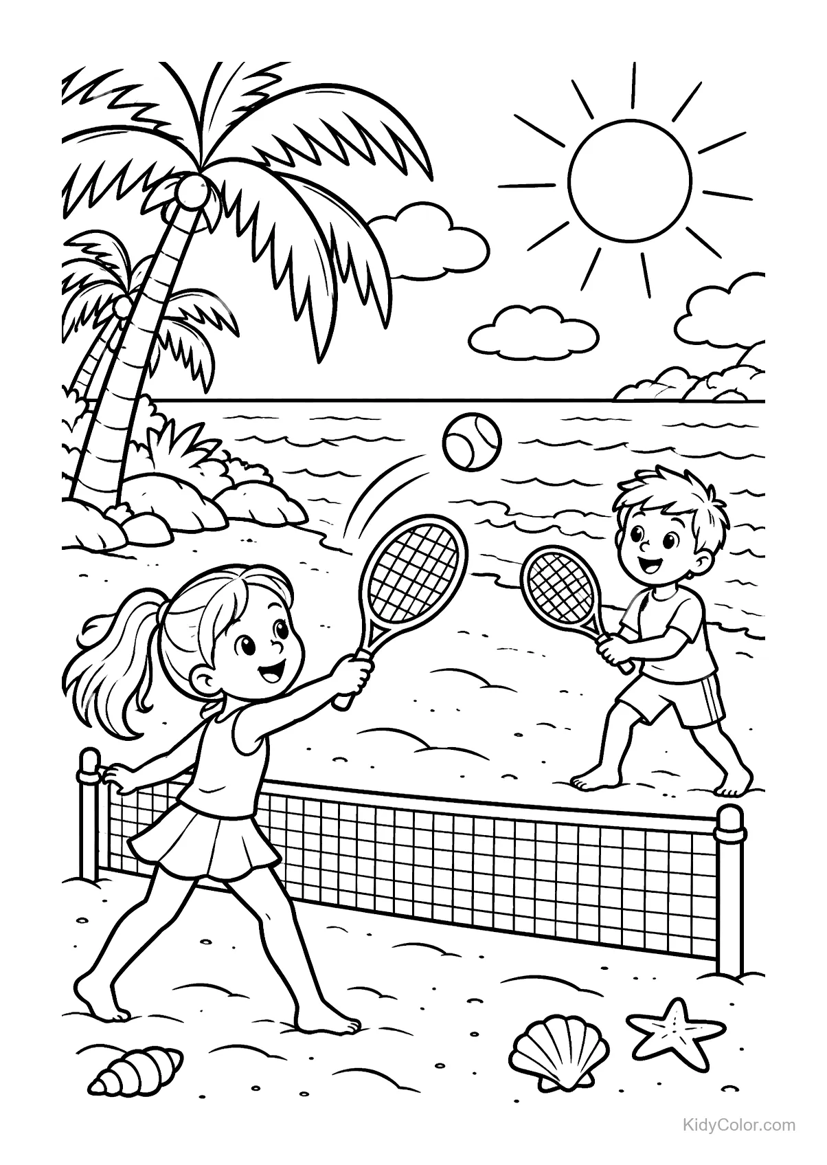 Duas crianças jogando tênis na praia com sol e coqueiros.