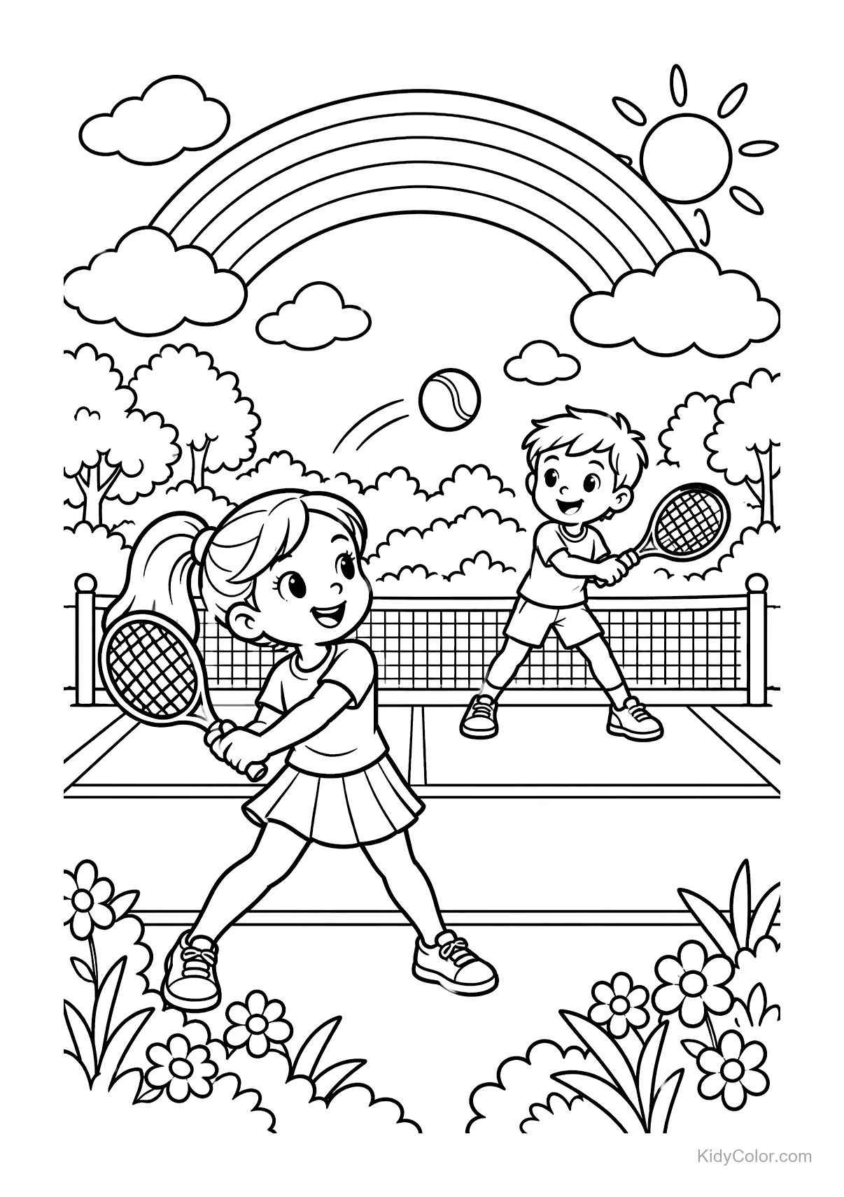 Two children playing tennis on a court with a rainbow.